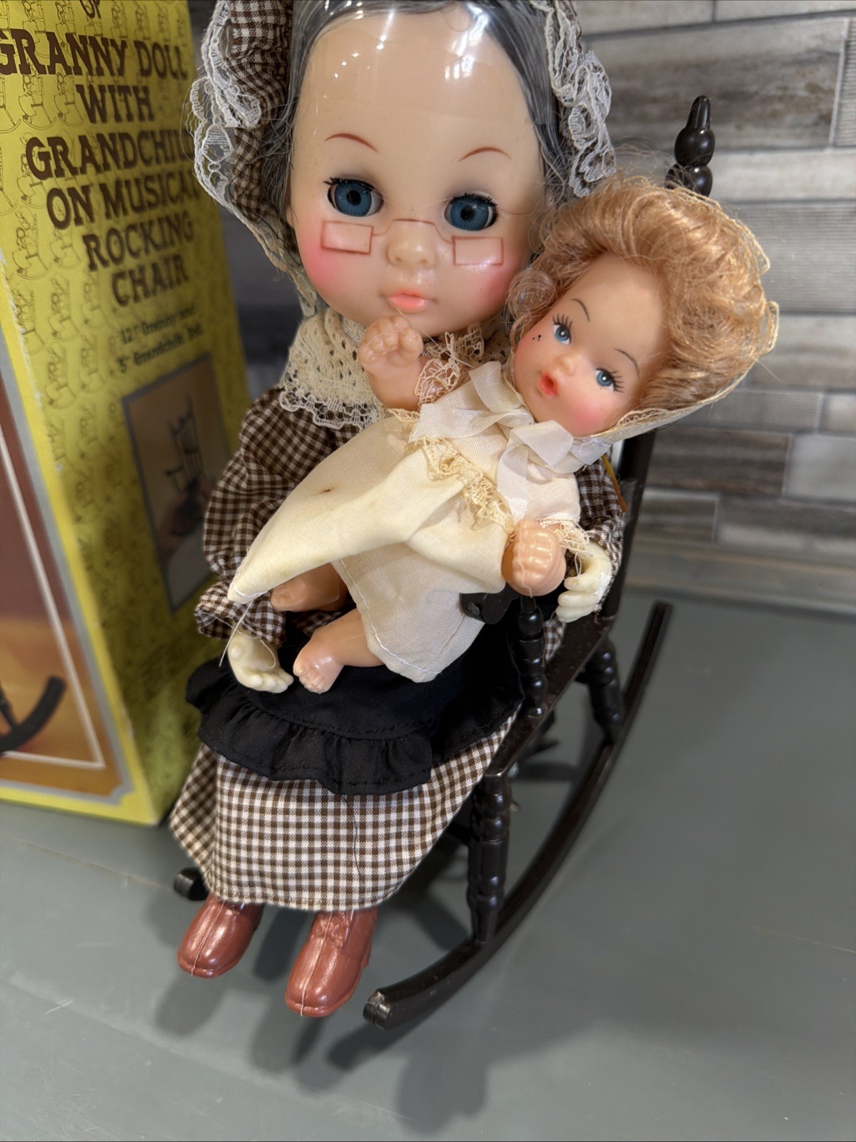 Vintage Wind-up Toy Musical Granny Doll With Grandchild in Rocking Chair