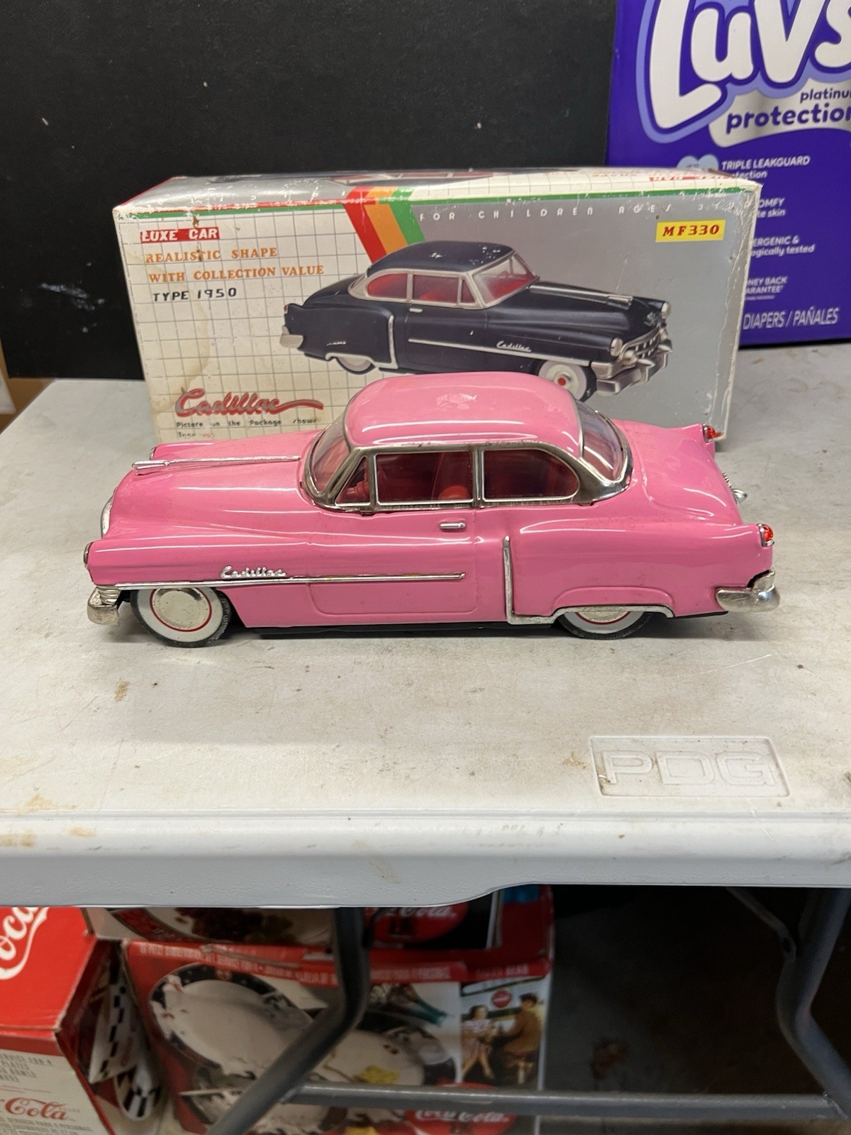 Luxe Car 1950 Cadillac Coupe Friction Tin Toy Car + Box Pink MF330 Vtg Series 61