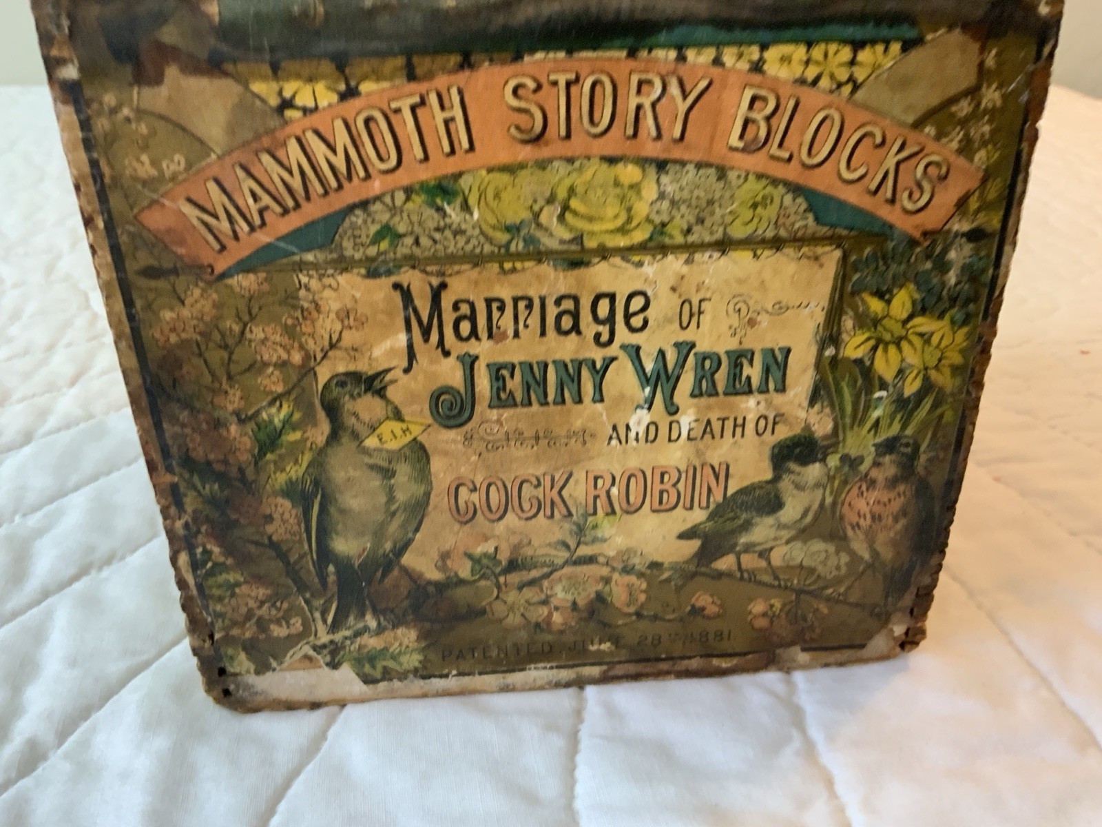Antique Children’s Toy Stacking Block, 1881, Marriage Of Jenny Wren, Cock Robin