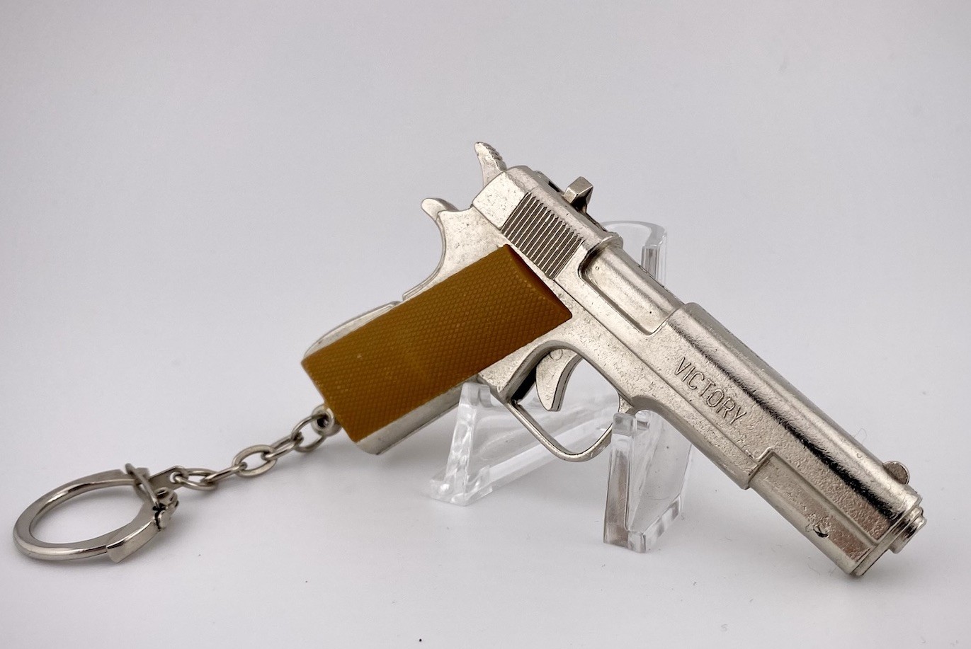 Vintage Chrome Colt 1911 Mini Die cast Cap gun Keychain Rare 3.5”inch Work’s!