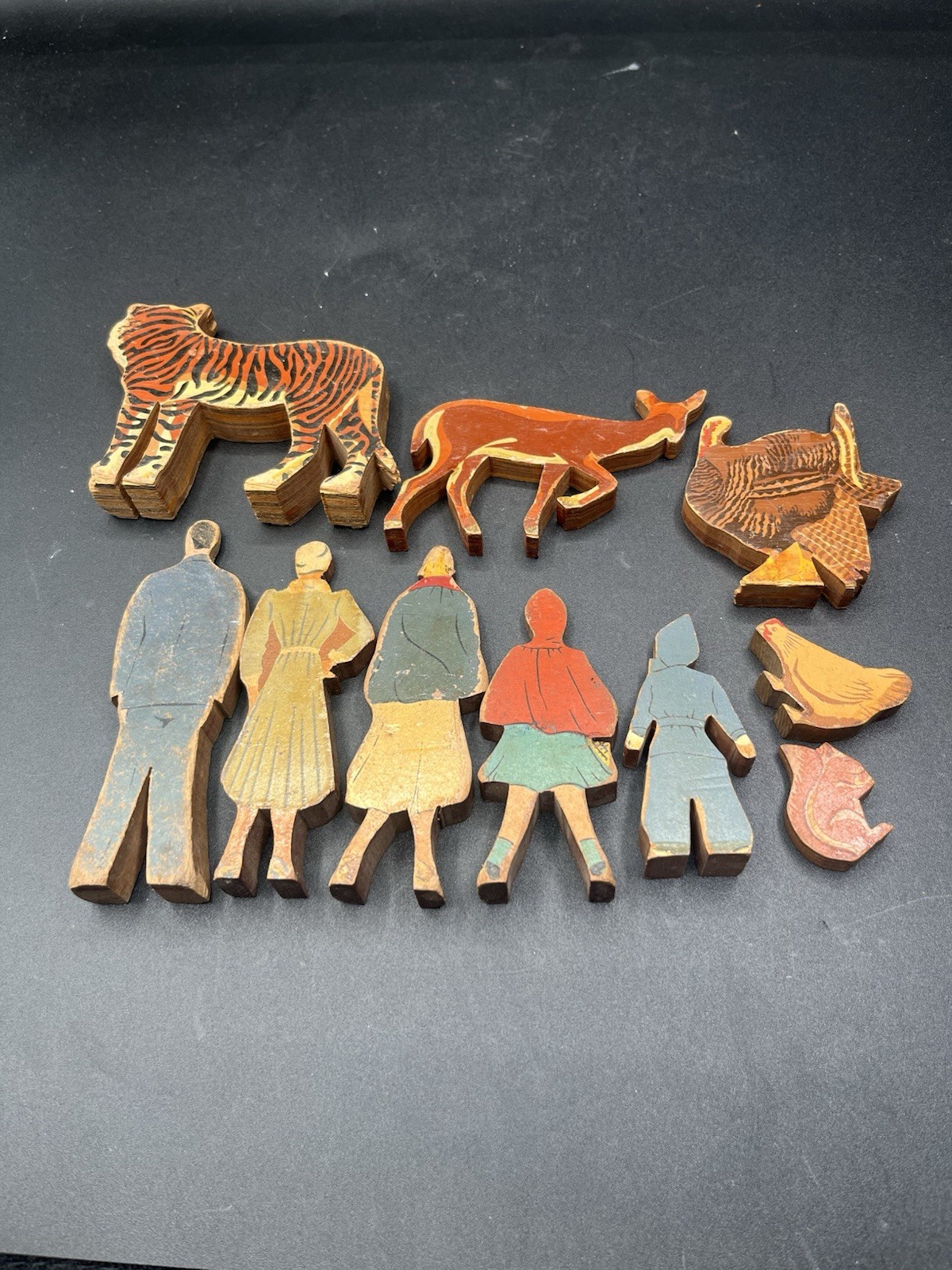 Lot Of 10 Vintage Wood People Animal Toys Tiger, Deer, Turkey, Chicken, Squirrel