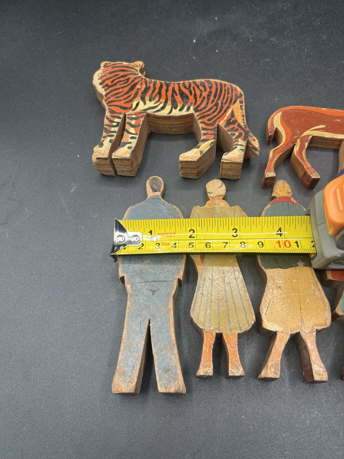 Lot Of 10 Vintage Wood People Animal Toys Tiger, Deer, Turkey, Chicken, Squirrel
