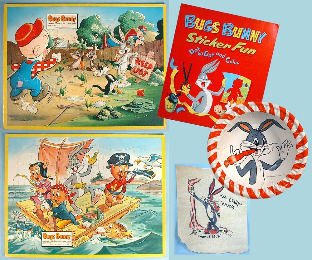 1950-60s Bugs Bunny 7 Items Sticker Fun Book Puzzles Bowls Warner Bros.