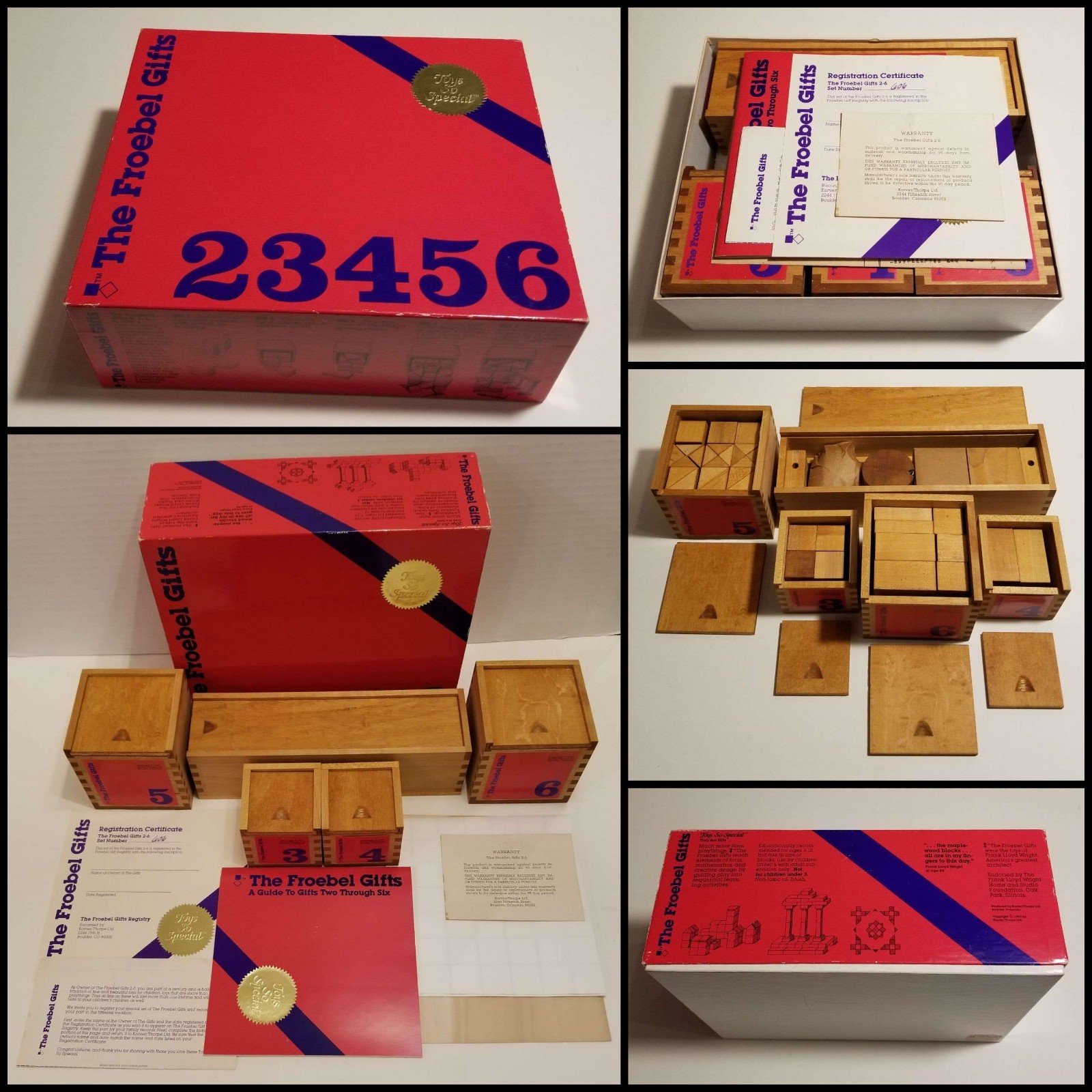 1983 Froebel Gifts 2-6 Wooden Block Set Frank Lloyd Wright Inspired, With Papers