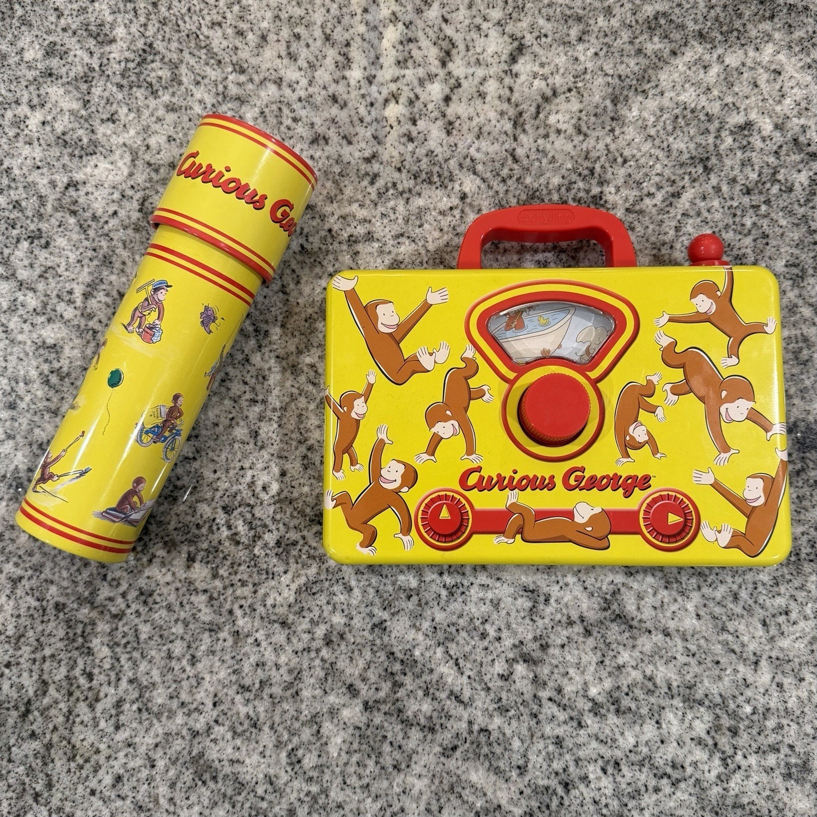 2011 Schylling Curious George Monkey Tin/Metal HTF Wind-Up Radio & Kaleidoscope