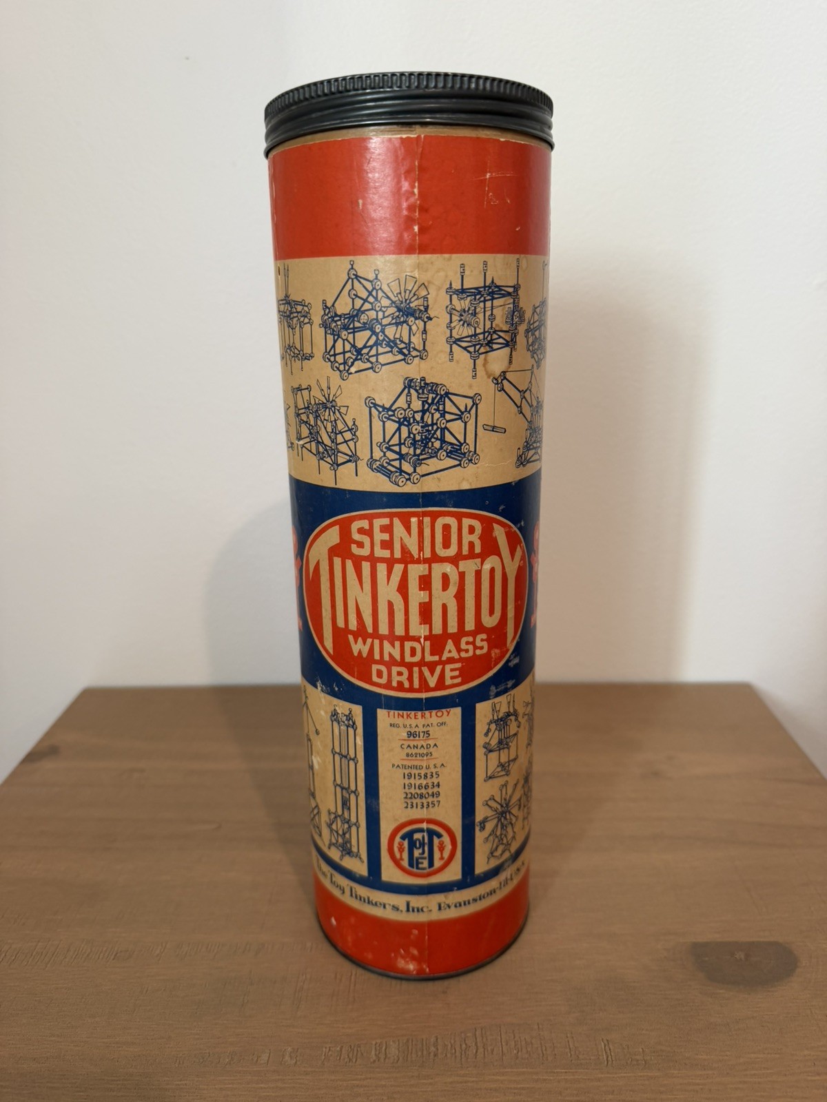 Senior Tinkertoy Windlass Drive Tinkertoys In Original Canister – Early 1950’s