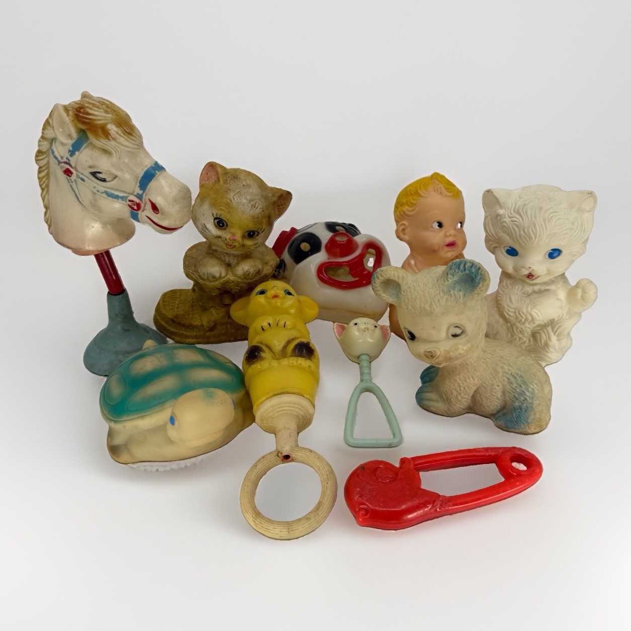 VTG Baby Toy Lot Rubber Squeak Toys Rattles Horse Cat Clown Deer Turtle Irwin