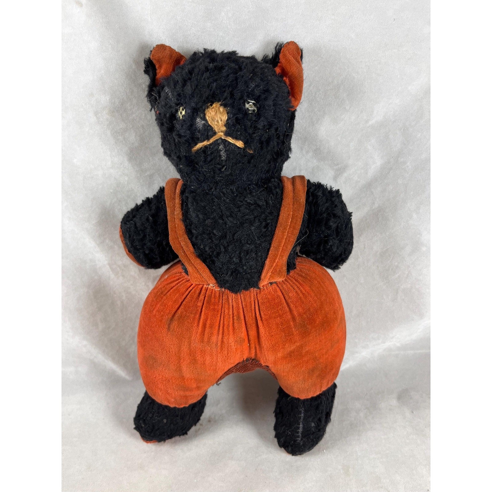 Antique Wool Halloween Black Cat Stuffed Toy Animal Orange Velveteen 1930s 1940s