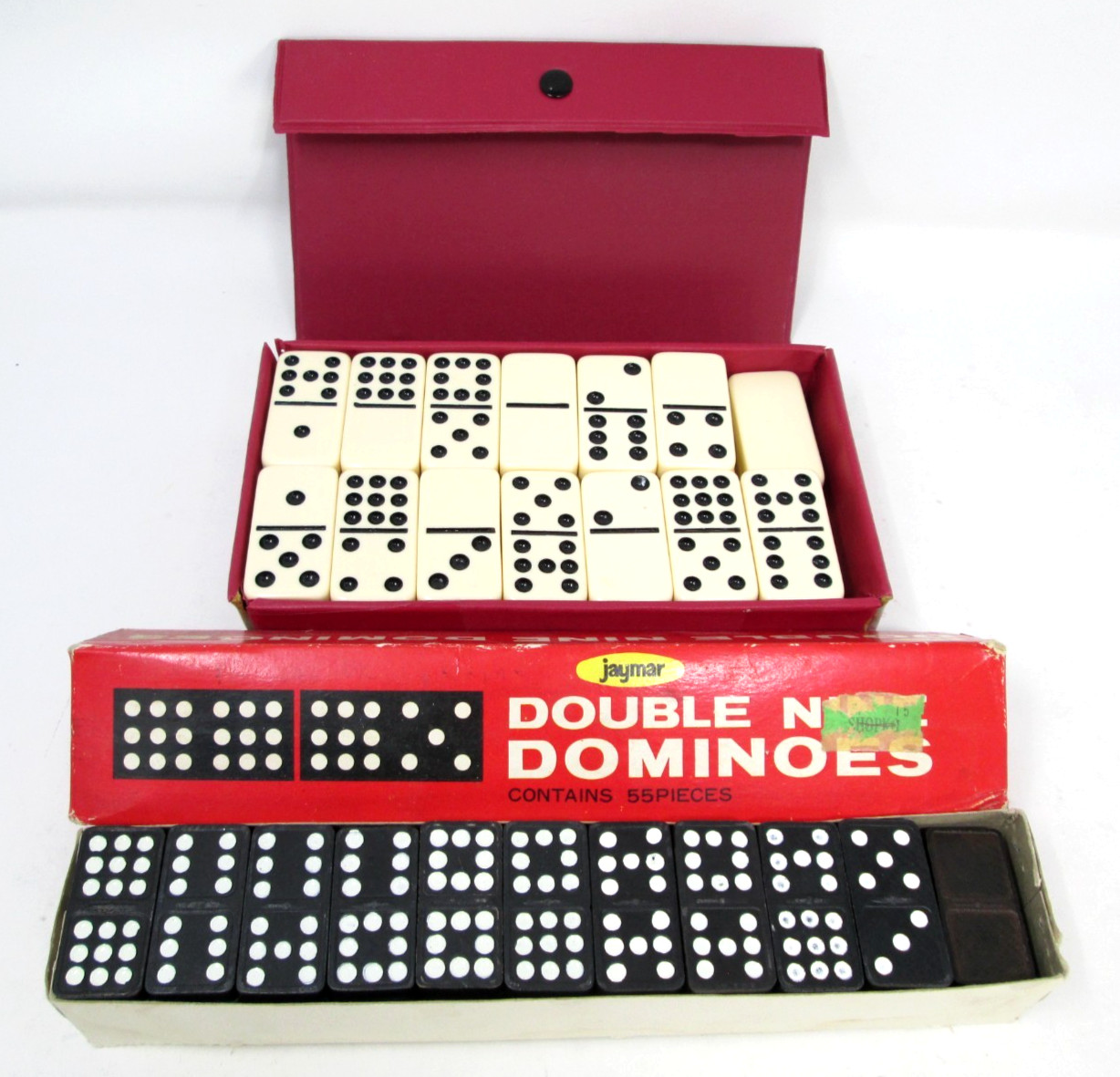 Vintage Double Nine Dominoes 2 Sets Jaymar Cardinal Black Wood n Plastic