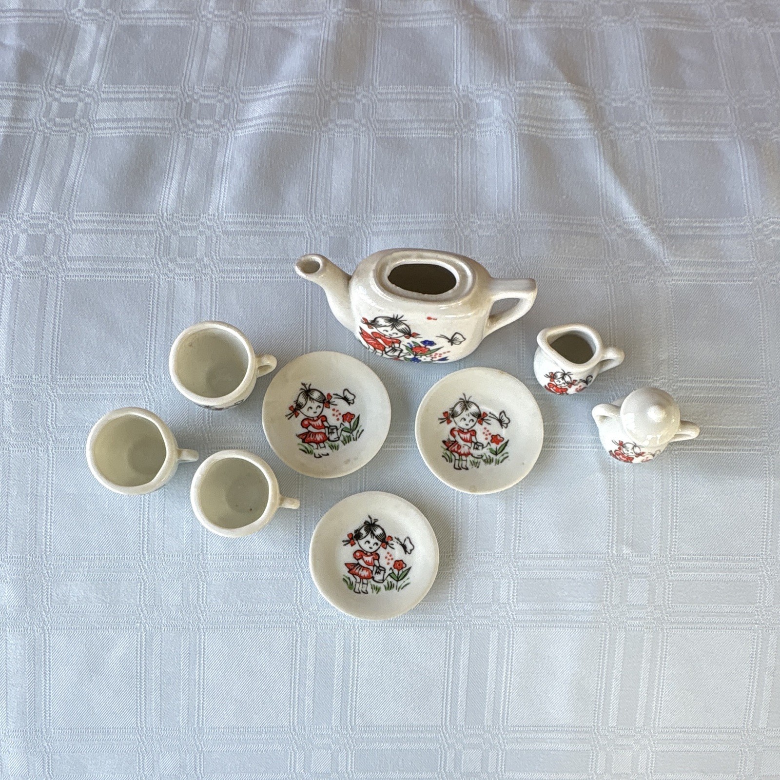 Ceramic Miniature Floral Tea Set 9pc 2oz White Glossy Teapot Lid 3 Cups Saucers
