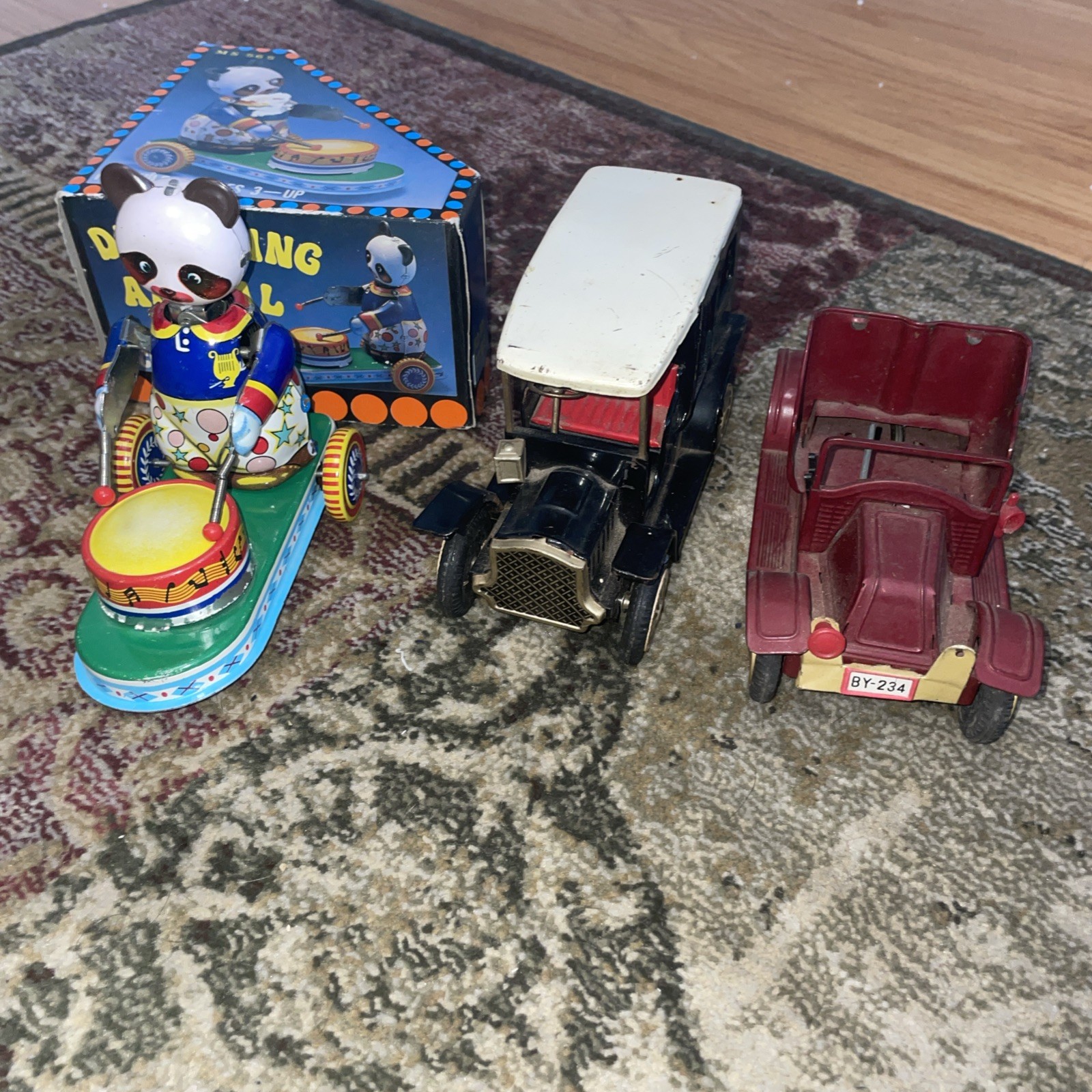Metal Friction Wind Up Toys Lot Of 3 Drumming Bear In Box and 2 Cars