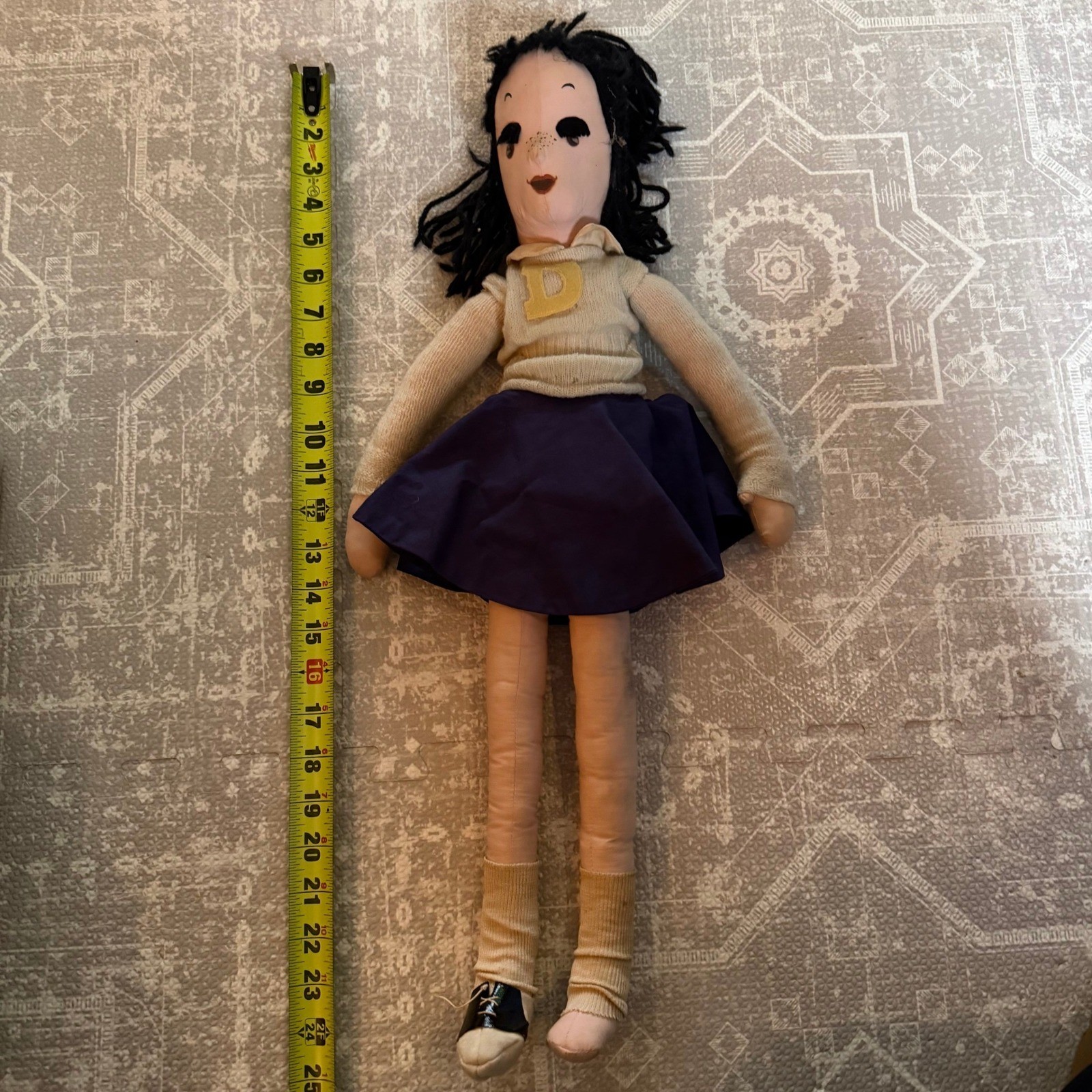Vintage Cloth Doll Blue Skirt Sweater D Felt Letter