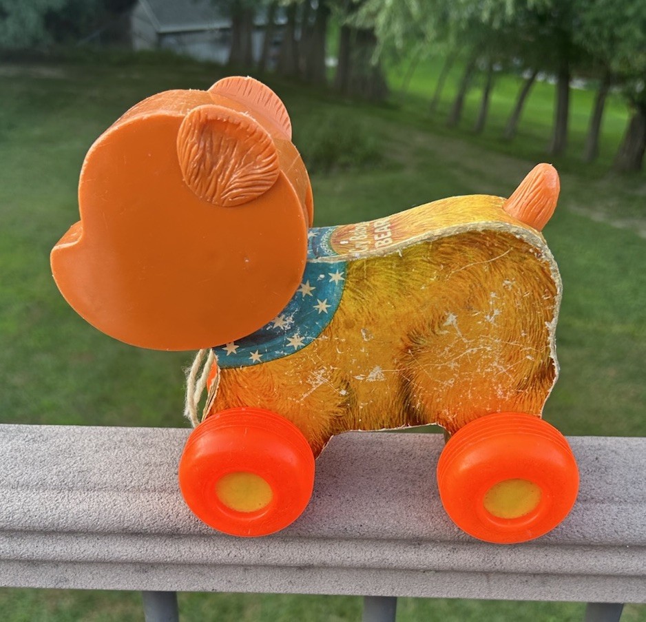 Vintage 1960s Plastic and Wood Fisher Price Cry Baby Bear Pull Toy- Works