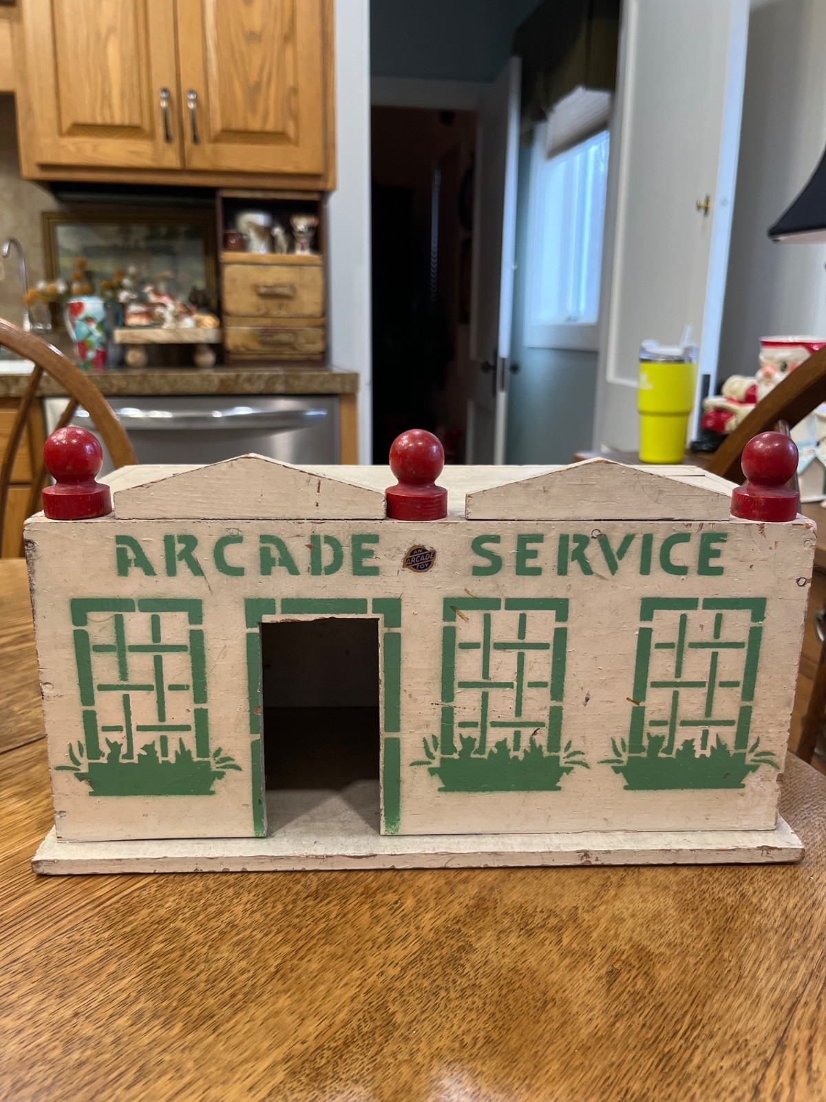 Vintage Arcade wooden service station building toy Sticker intact