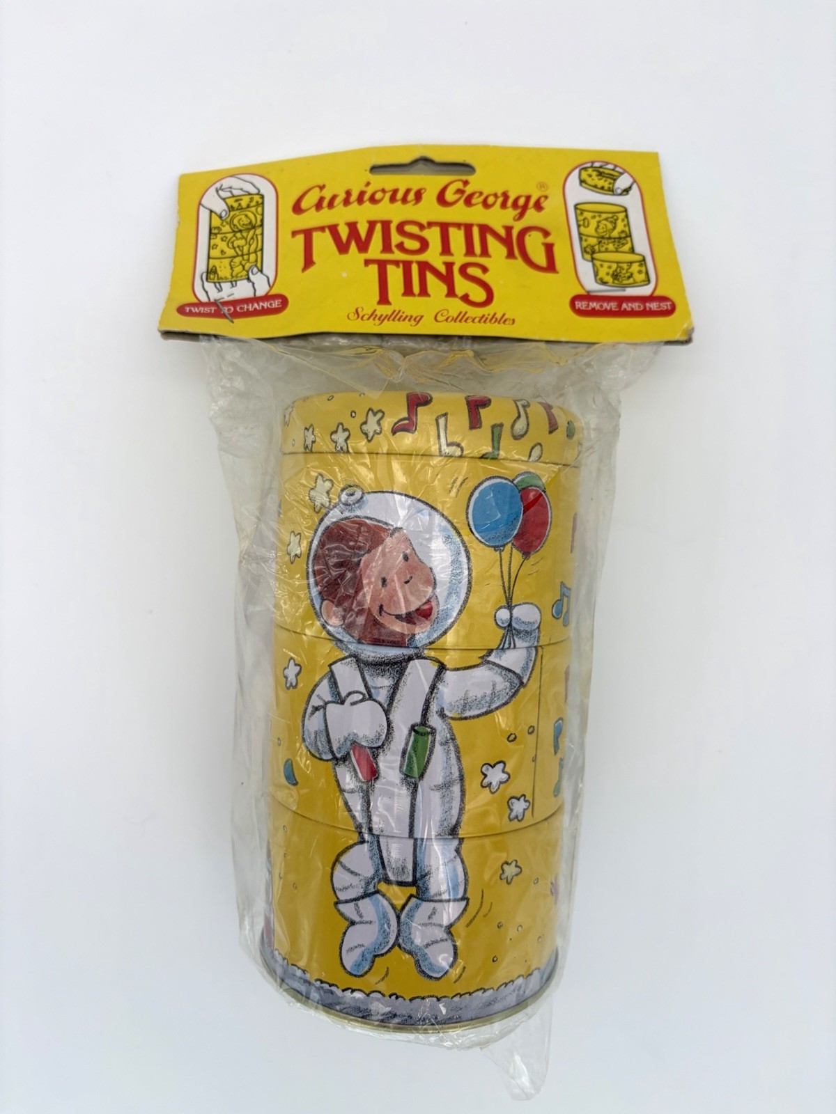 Curious George Twisting Cans Vintage 1995 Schylling Tin Litho Original Pkg Rare!
