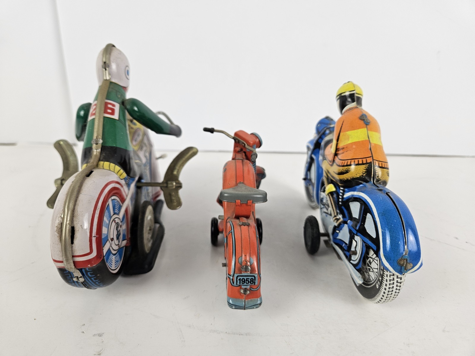 Vintage Lot of 3 Tin Litho Wind-Up and Friction Motorcycle Toy Toys