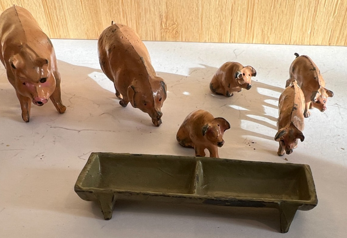 JoHillCo John Hill and Co 1950’s Lead Figurines – Lot of 9 Pigs with Troughs