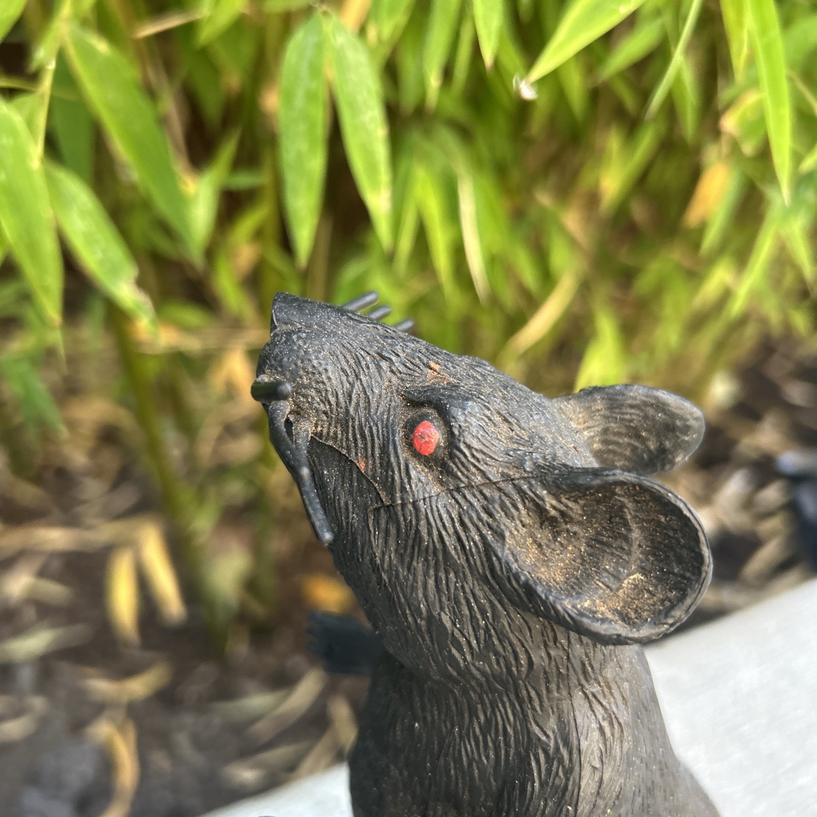 Vintage Black Rat Mice Mouse Red Eye Long Whiskers Plastic Figure Squeak Toy 6”