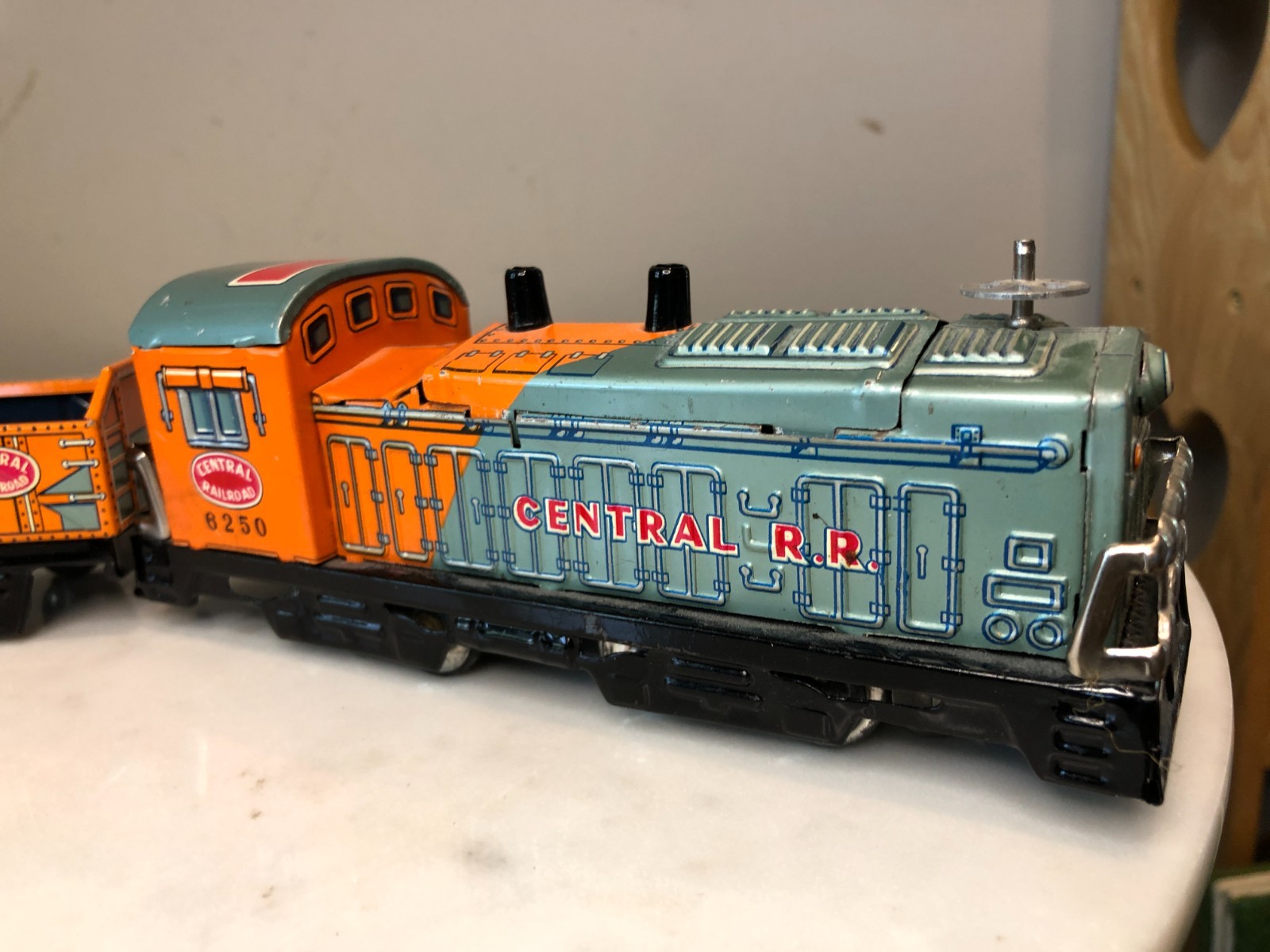 Vintage Tin Toy Central Railroad Train, TN Japan Battery Operated Engine Caboose