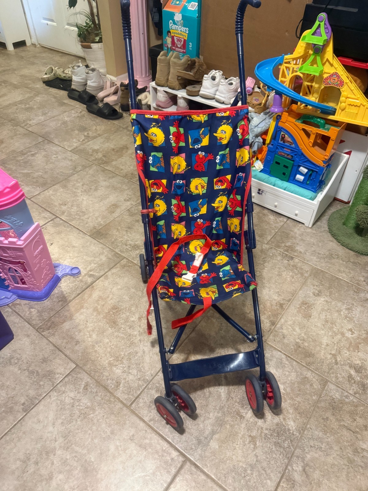 Vintage Sesame Street Elmo Big Bird Umbrella Stroller Toy