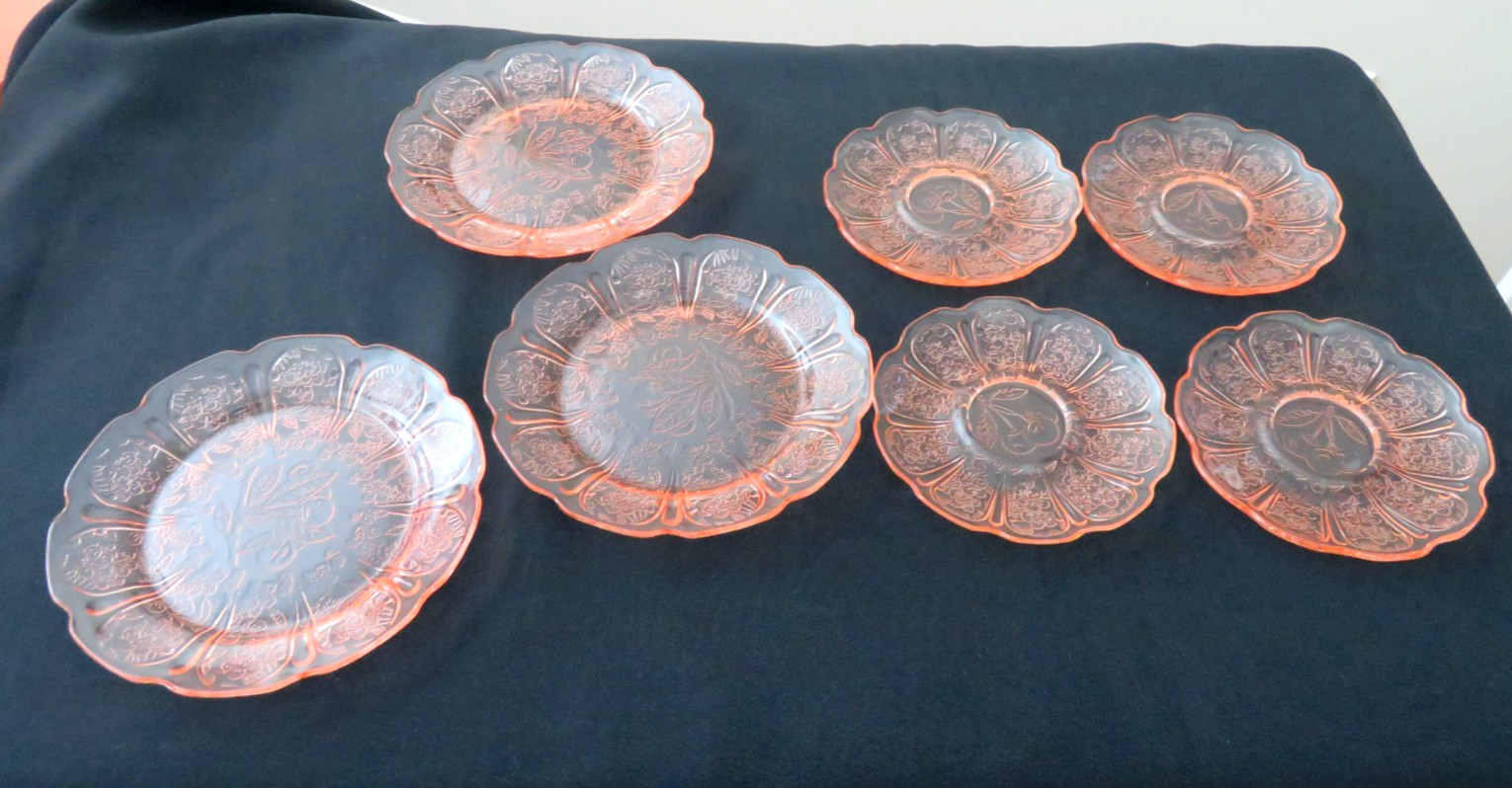 Depression Child’s Jeannette Cherry Blossom Pink Lot 3 Plates 4 Saucers Exc Cond