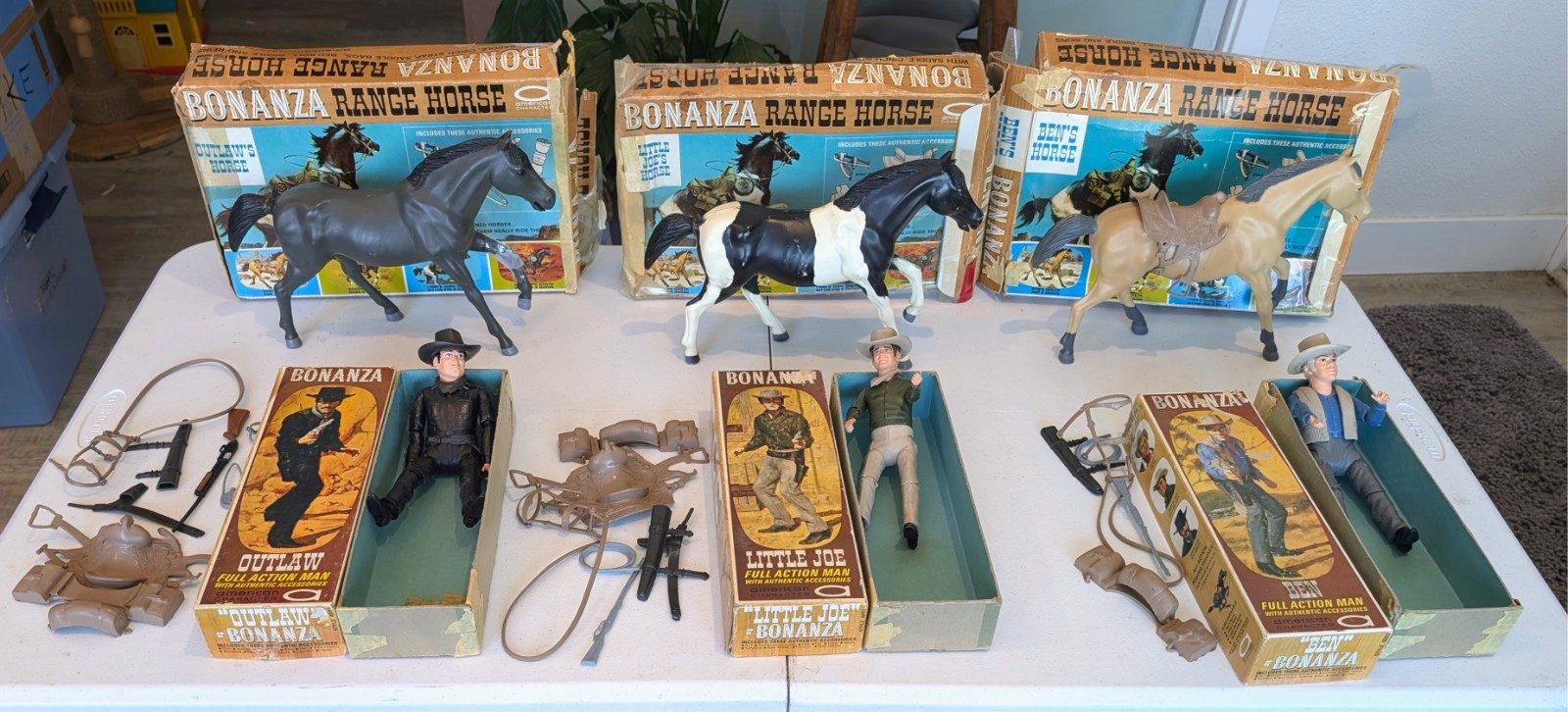 Vintage 1966 Bonanza Ben, Little Joe and Hoss figures w/ Range Horses and Boxes