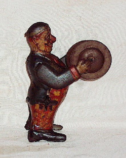 VINTAGE OLD WINDING PRE-WAR CYMBAL DRUM PLAYER TIN PLATE LITHO TOY GERMANY 1920