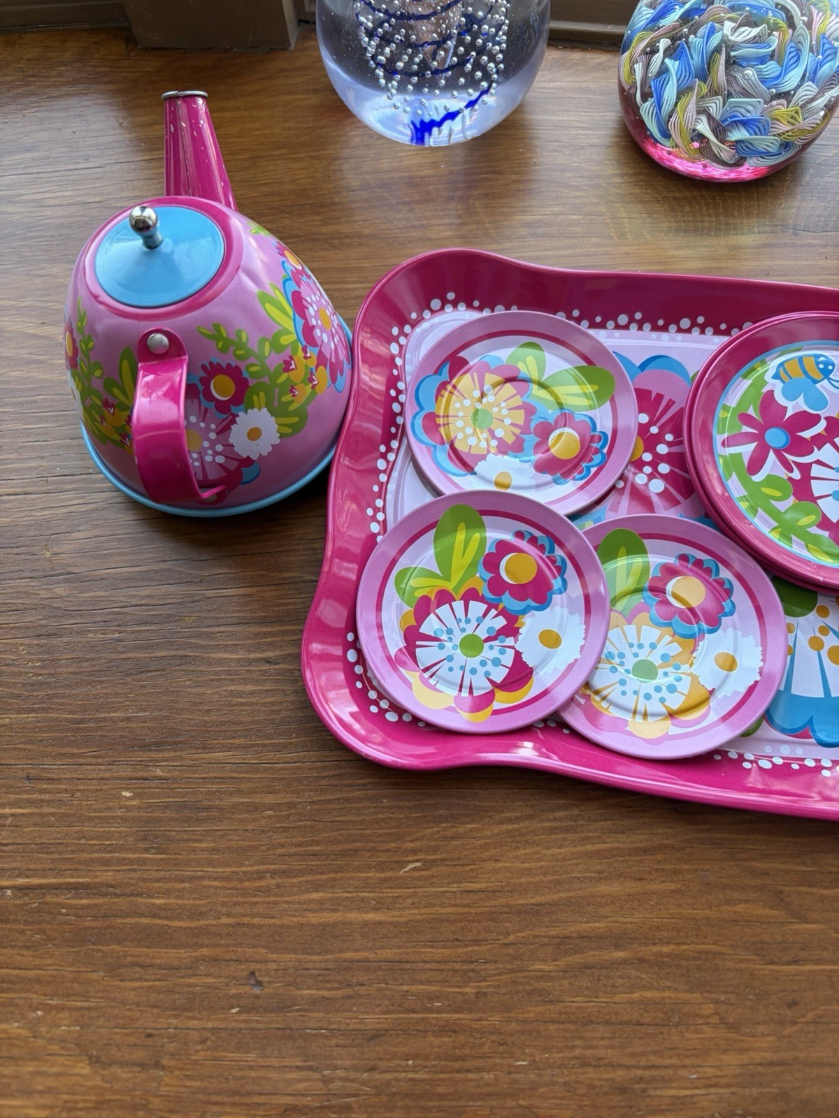 Schylling 14 Piece Garden Party – Tin Tea Set Pink Blue Tray 8 Plates 4 Cups