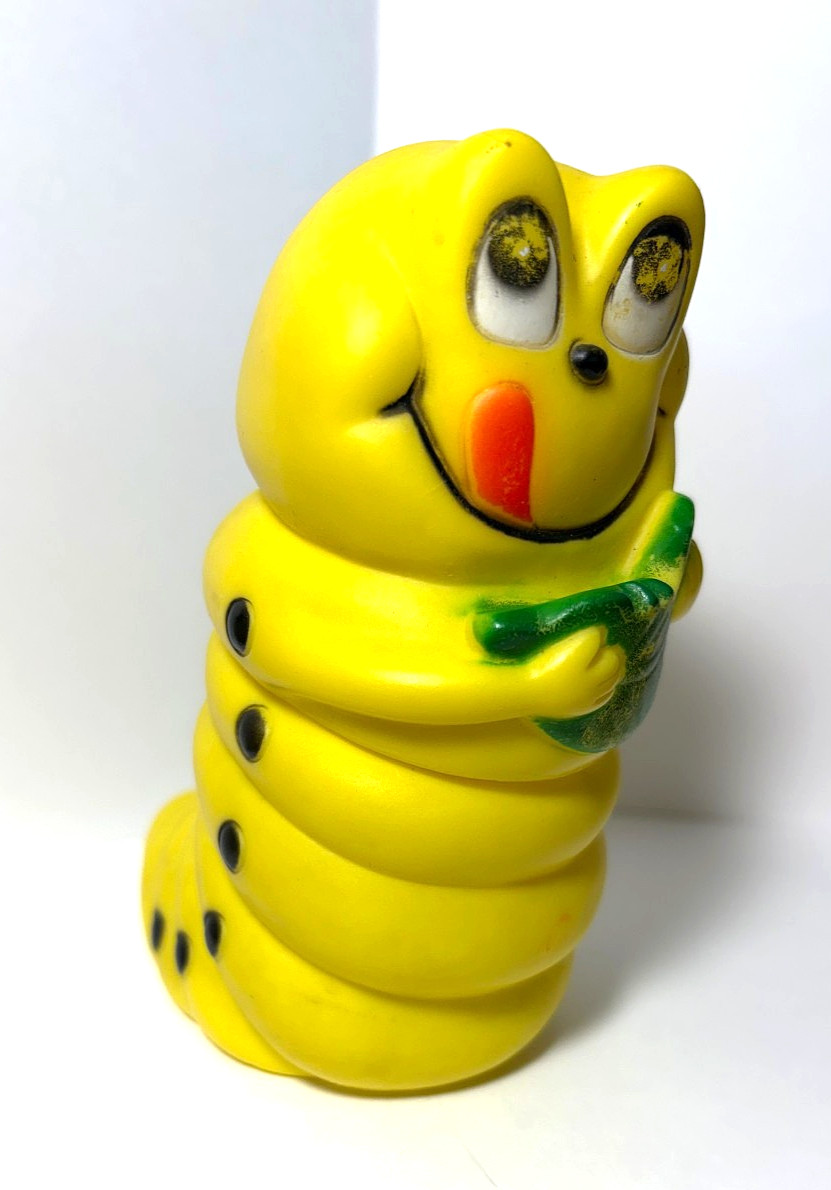 VTG Squeak Yellow Caterpillar Squeaker Toy Taiwan Leaf Black Dots Red Tongue