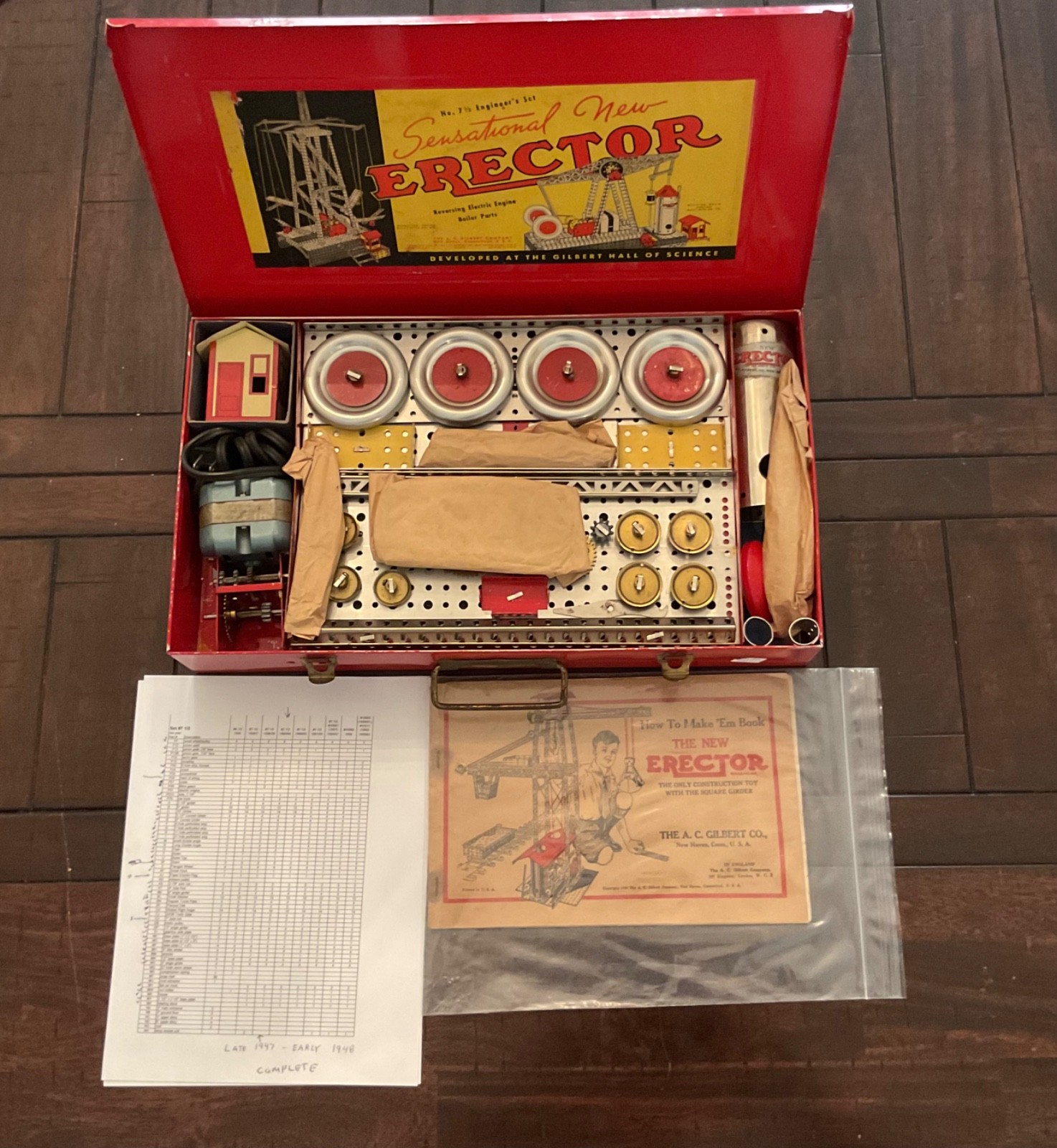 VTG. 1948 AC GILBERT ERECTOR SET #7 1/2 ORIG. PARTS & COMPLETE MOTOR RUNS/VIDEO!