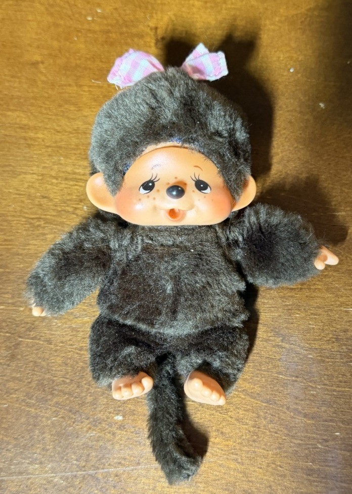 Vintage 1974 Collectible Monchhichi Doll Sekiguchi Japan Girl Pink Bow