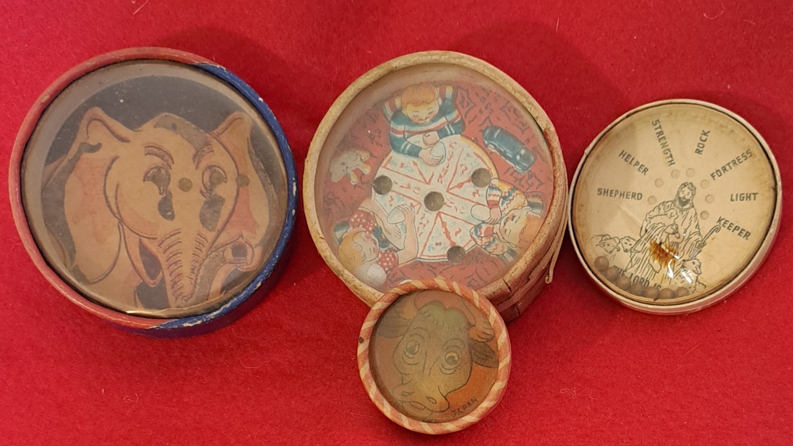 4 Vintage Dexterity Toys 1.5-2.75”, 1940-60, 1 Dble Sided, Variety Of Graphics