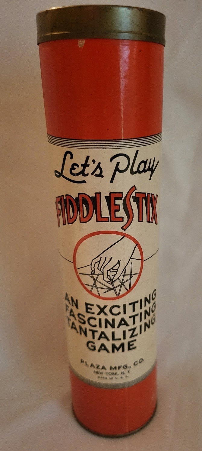 Vintage Fiddlestix Game of Skill Pick Up Sticks Plaza Mfg Co Tin Tube Retro Toy