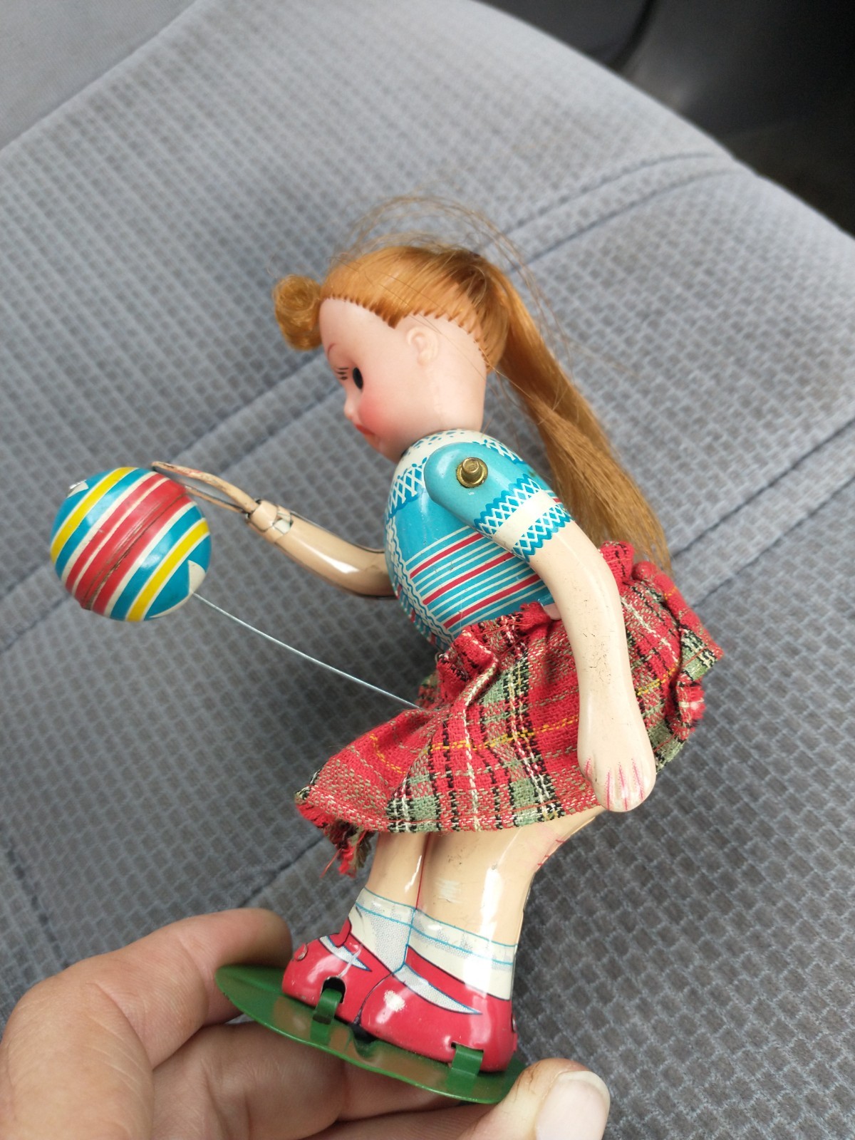 Vintage Japanese Mechanical Suzy Wind-Up Tin Toy / Bouncing a Ball