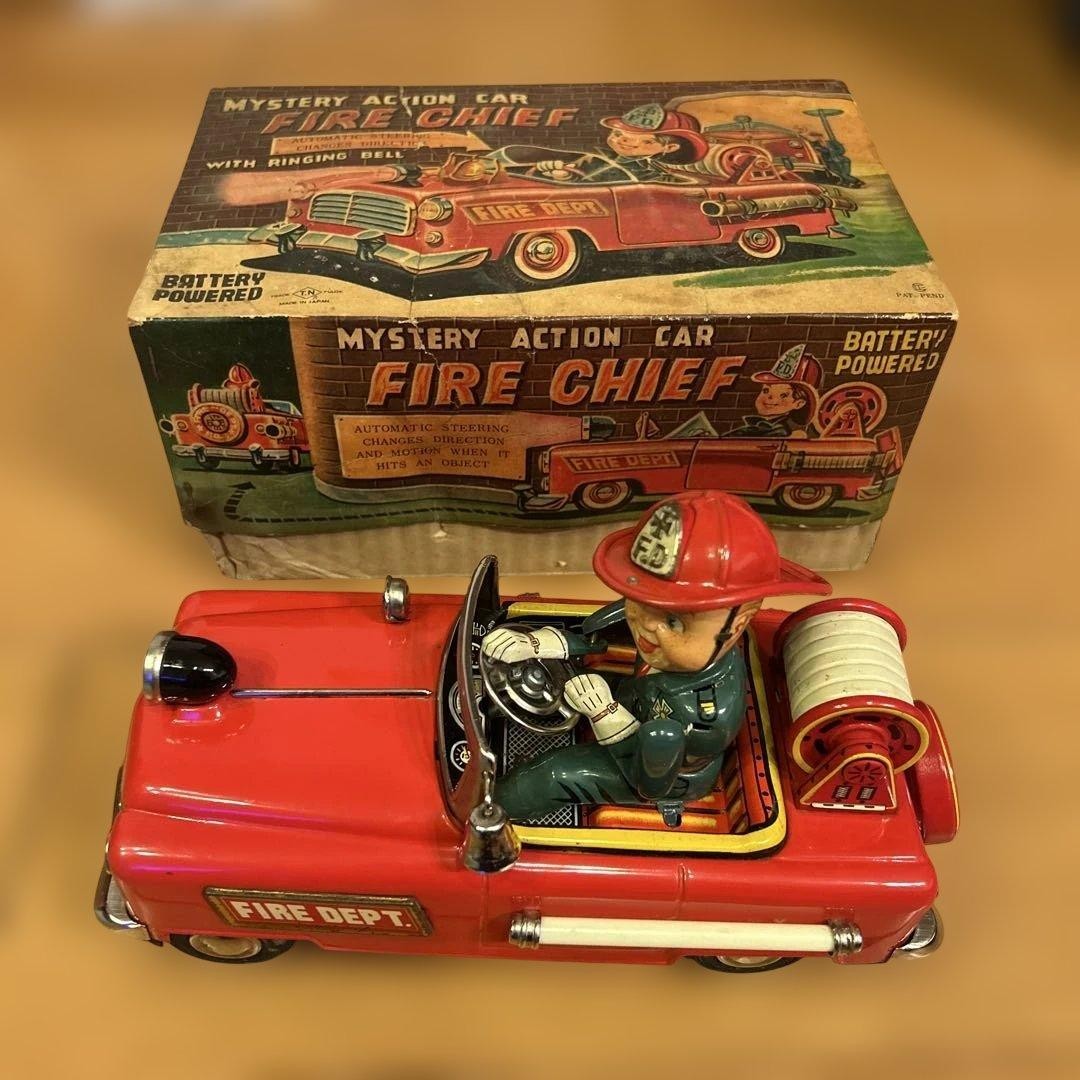 NOMURA TOY TN Vintage Tin Toy Fire Chief Fire Engine Showa Retro