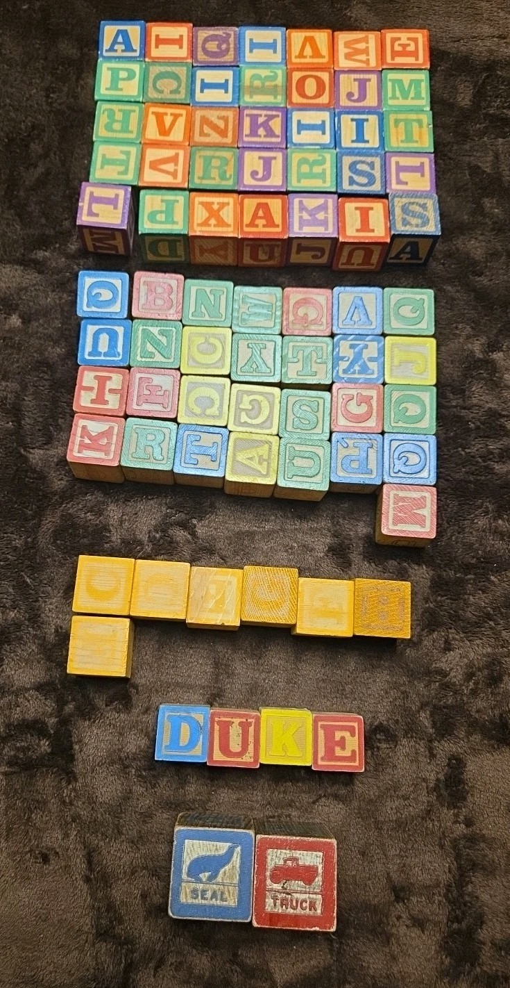 77 Childrens Toy Wood Blocks ABC Alphabet Numbers Cubes 1.25 2-Large Multi-color