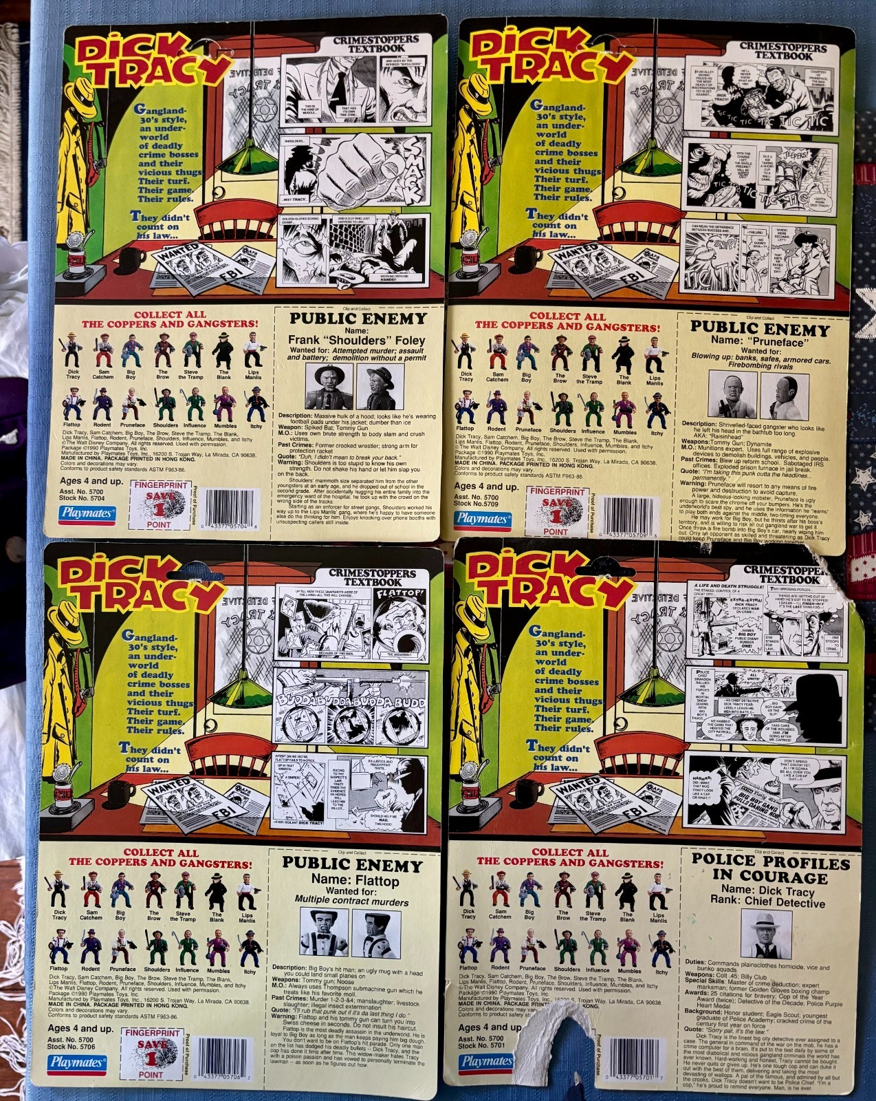 (4) Vtg HTF 1990 Disney Dick Tracy Action Figures Cardboard Pkg Backs Playmates
