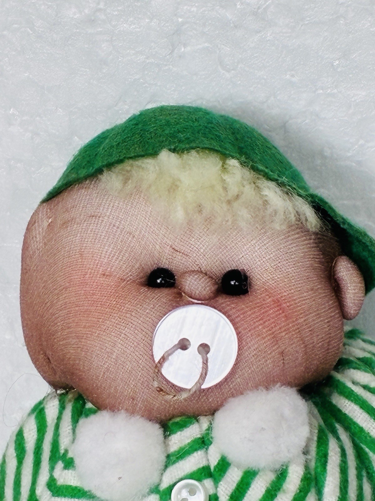 Vtg Handmade Stuffed Nylon Stocking Soft Sculpture Doll w Green Hat