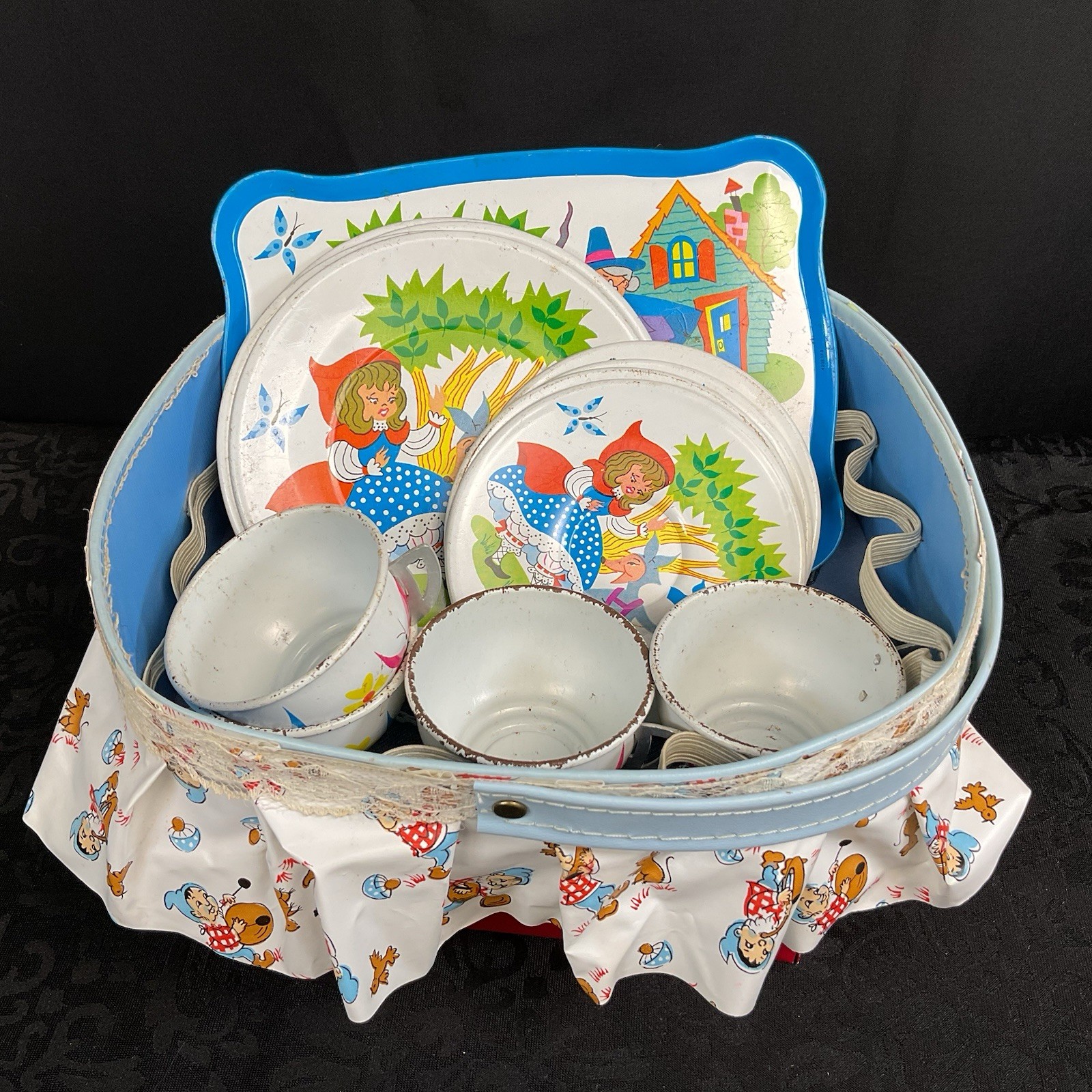 Vintage Metal Tin Little Red Riding Hood Children’s Dish Set & Basket 1960’s Toy
