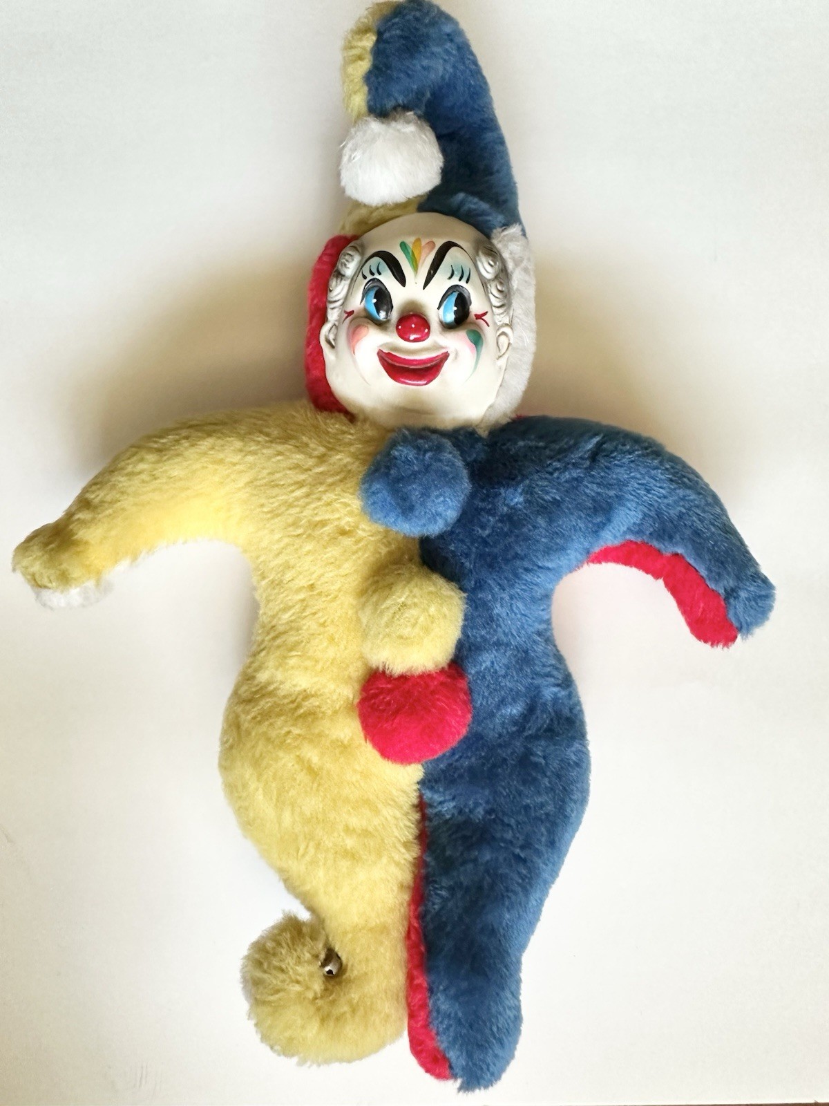 Vintage Clown/Jester Stuffed Plush Doll Molded Face Multicolor Medium 23″