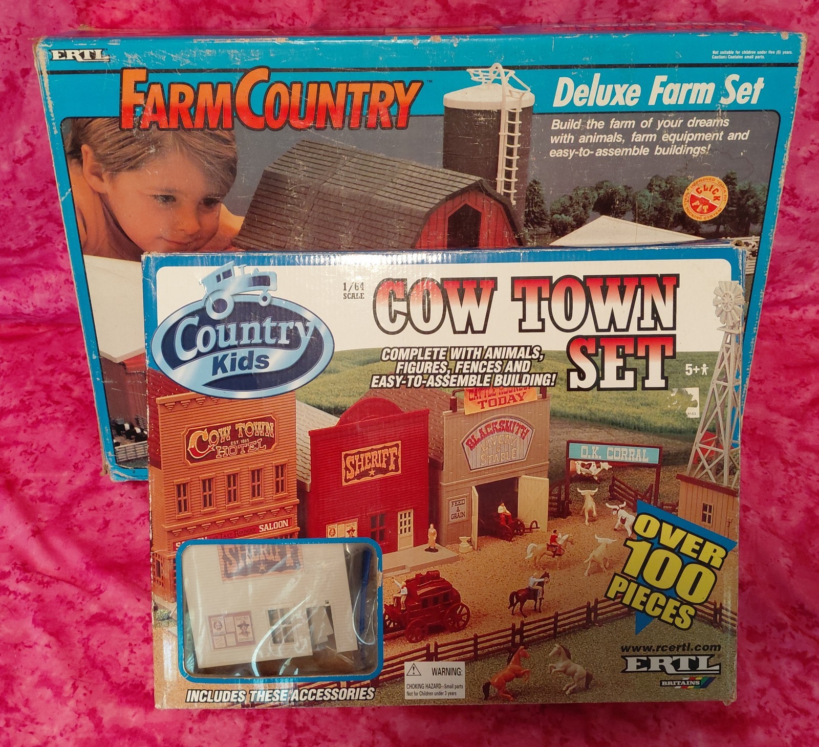 2 Vintage Sets- Ertl Farm Country Set & Cow Town Set – 1990 & 2004 – Gd Cdtn!