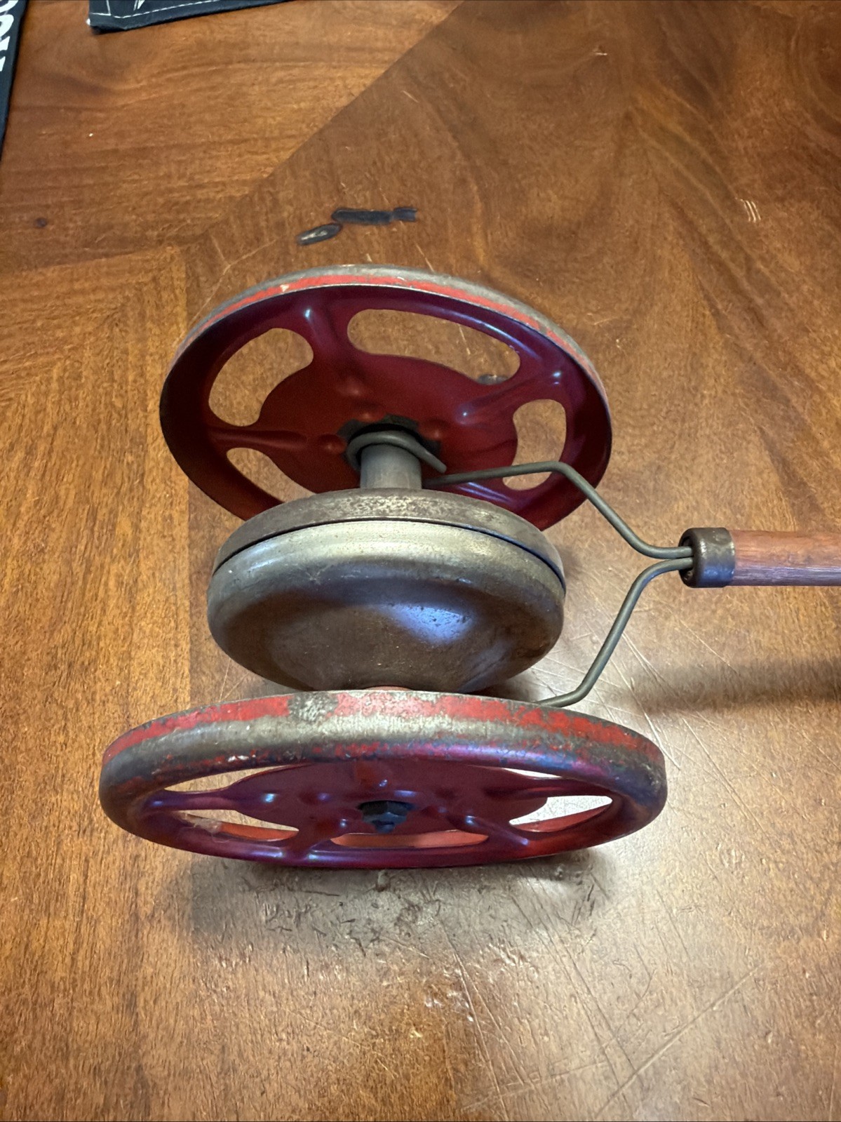 NICE VINTAGE NN HILL EARLY 1900’s CHILD’S PUSH METAL BELL TOY WITH WOODEN HANDLE