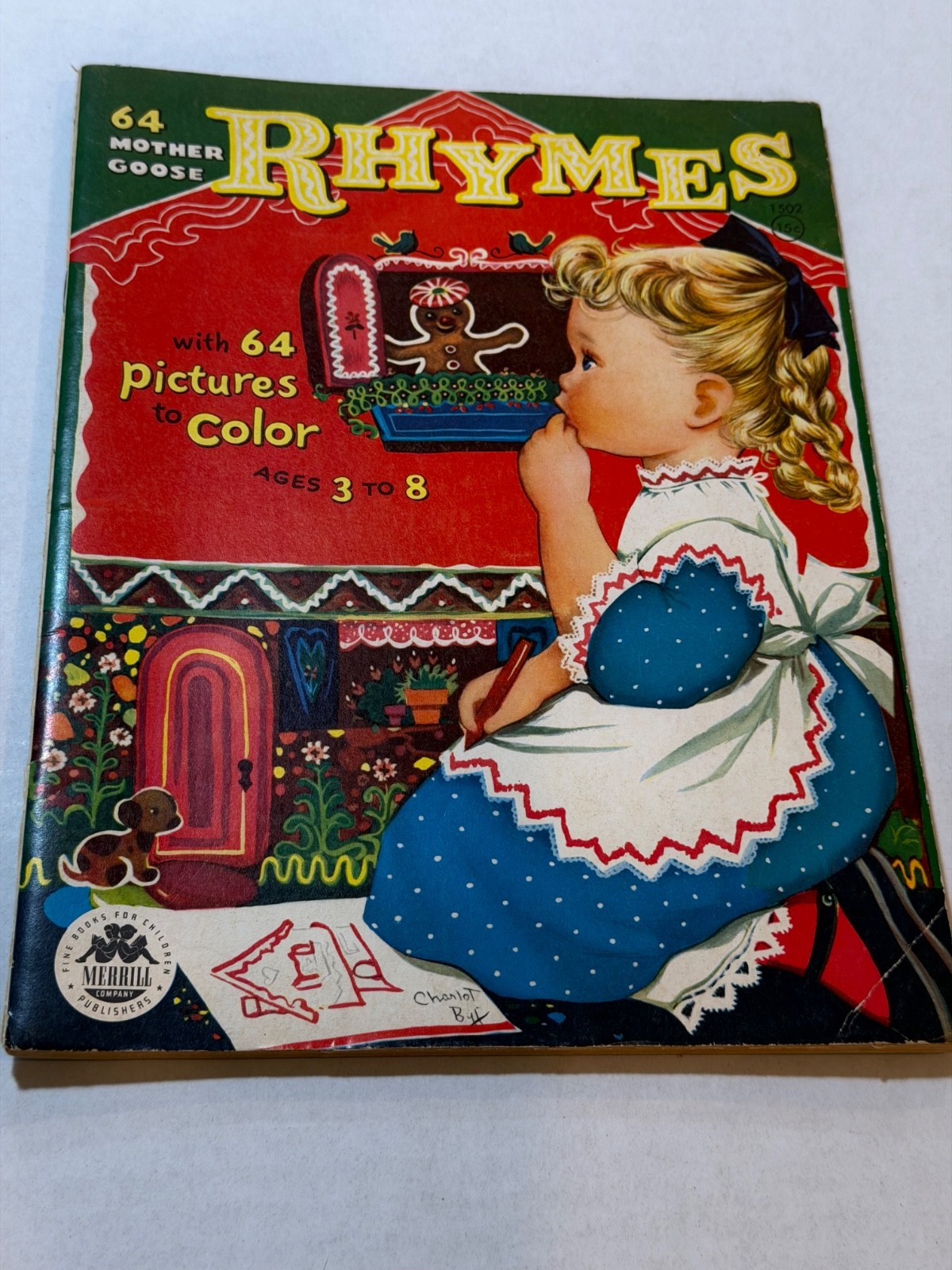“MOTHER GOOSE – 64 RHYMES TO COLOR” #1502 MERRILL 1940 – SOME COLORED PAGES