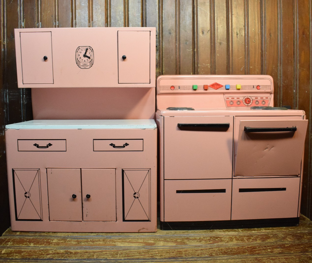WOLVERINE KITCHEN RANGE STOVE CABINET CUPBOARD VINTAGE 1940s PLAY SET 2PC LOT