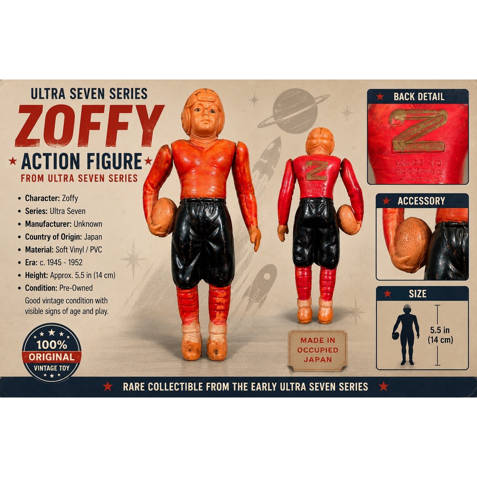 Vintage Zoffy Football Player Figure Made in Occupied Japan 1945-1952 5.5″