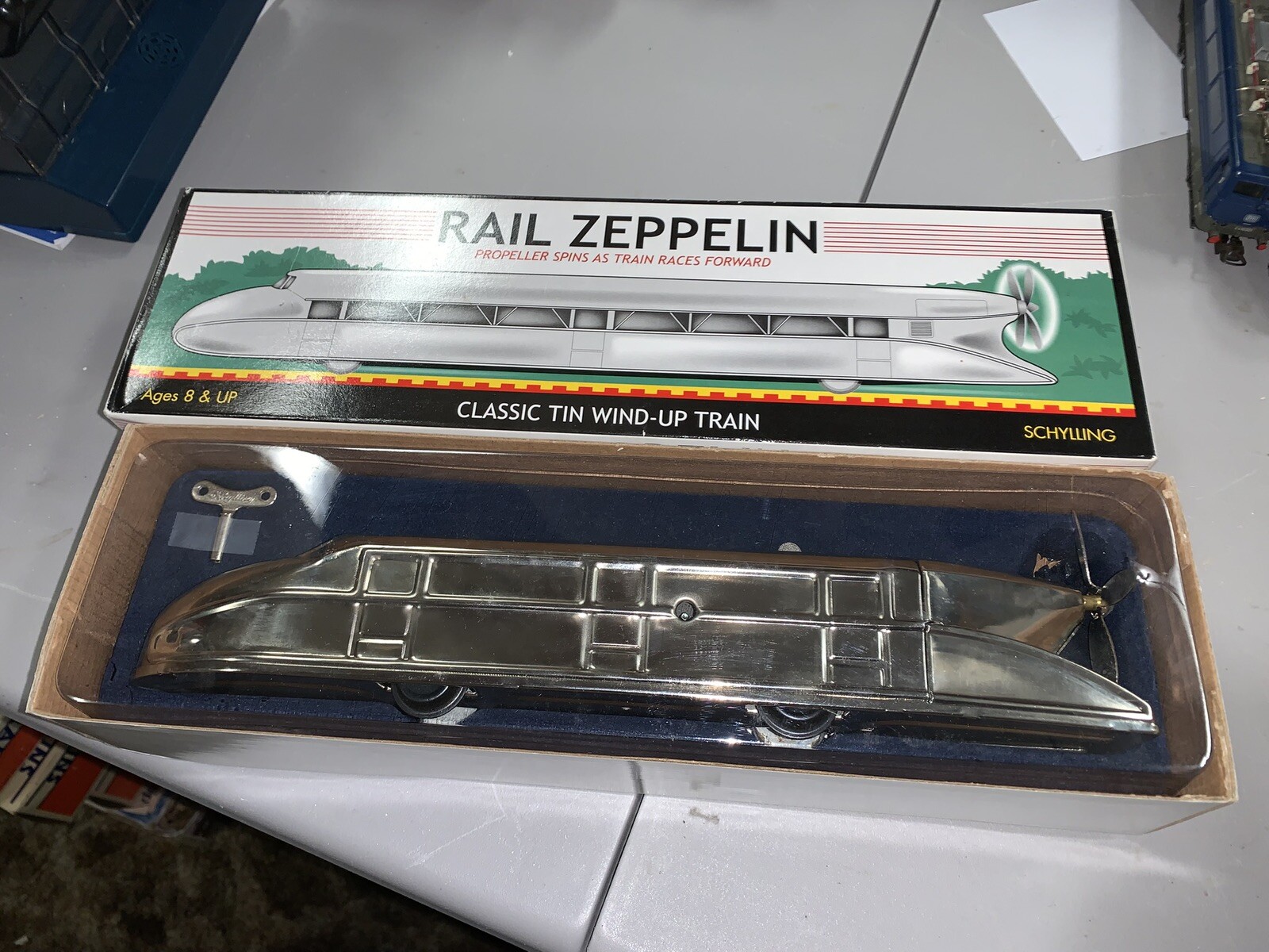 Schilling O Gauge Wind Up Tin Train, Rail Zepplin Streamline With Propeller, NEW