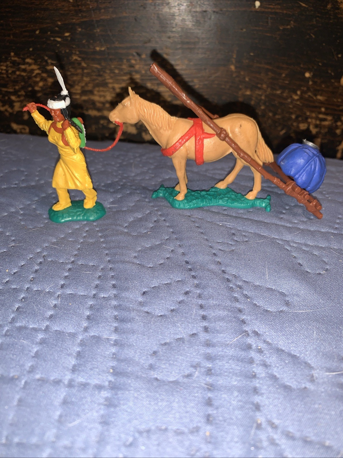 2 Timpo Toys Swoppet Style Foot Indian W/Baby Walking Horse W/ Supplies On Racks