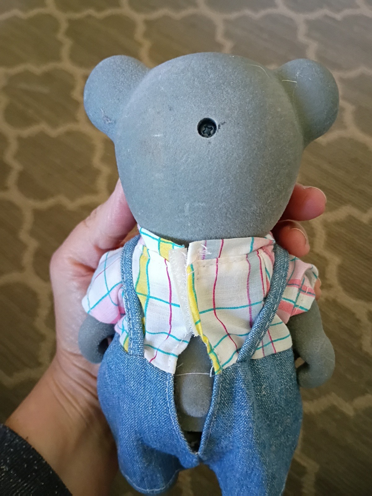 Vtg 80s Storytelling Tomy Gray Bear 6″ Sylvanian Fam Denim Overalls NOT WORKING