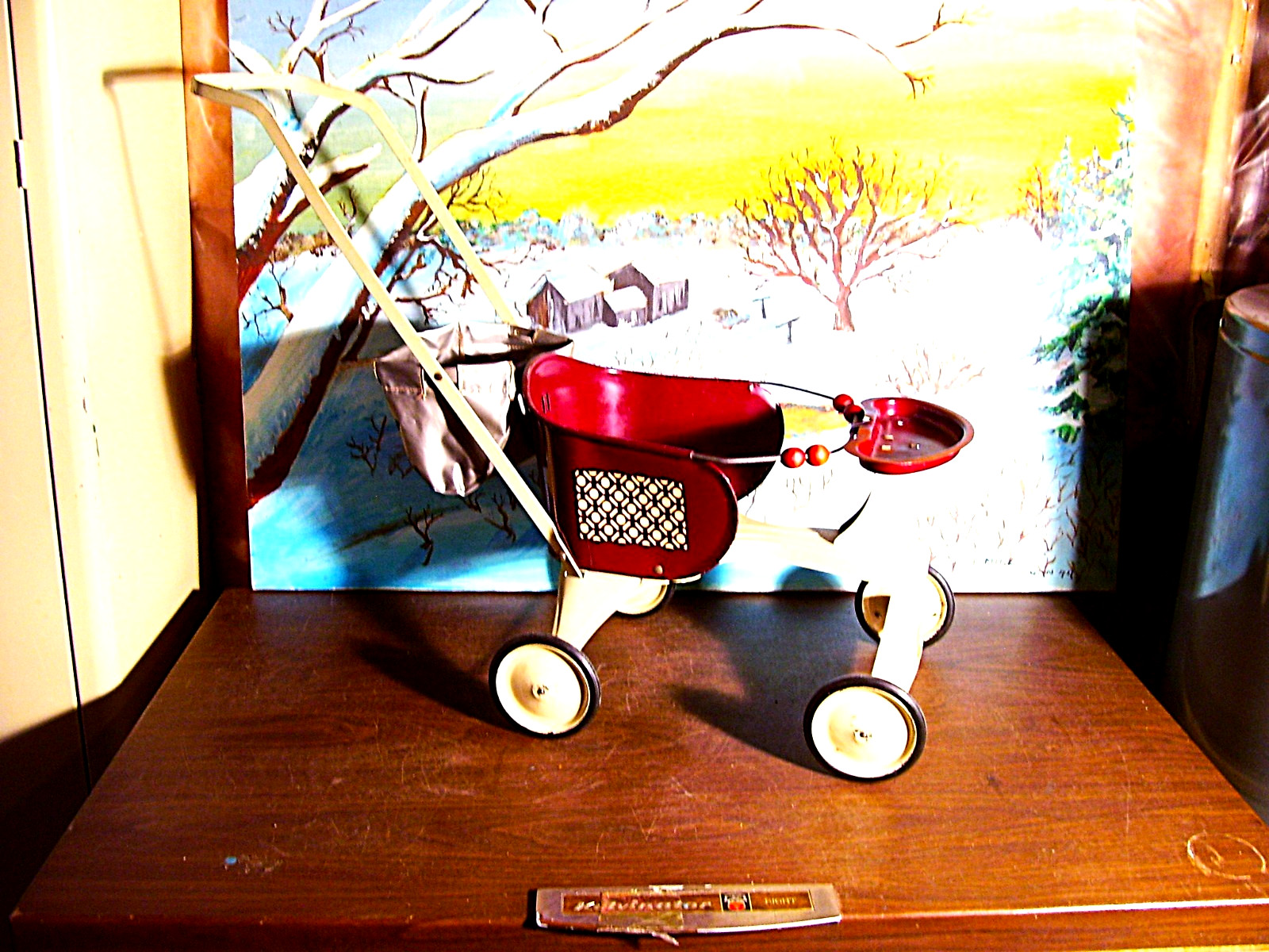 ANTIQUE 1940’s TURNER PRESSED STEEL DOLL & TEDDY BEAR STROLLER ~ EXCELLENT TOY