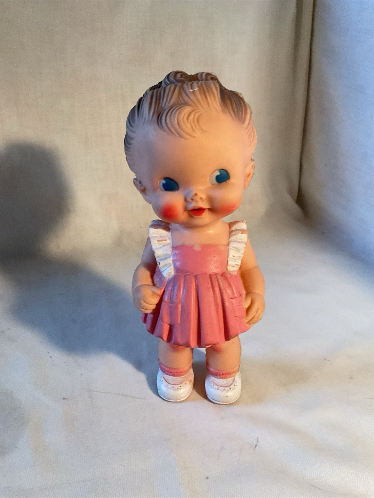 Vintage Ruth E. Newton 1950’s Sun Rubber Baby Doll Pink Dress Squeaky Toy RL
